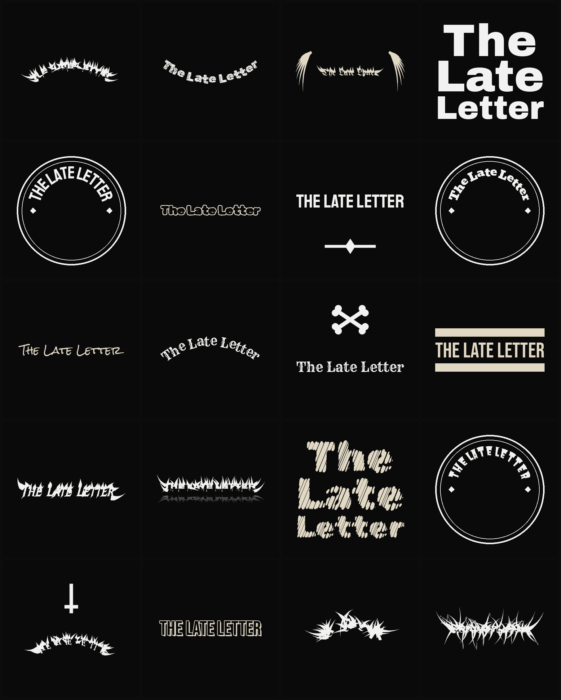 Twenty The Late Letter band logo ideas — different faces, treatments and spike settings
