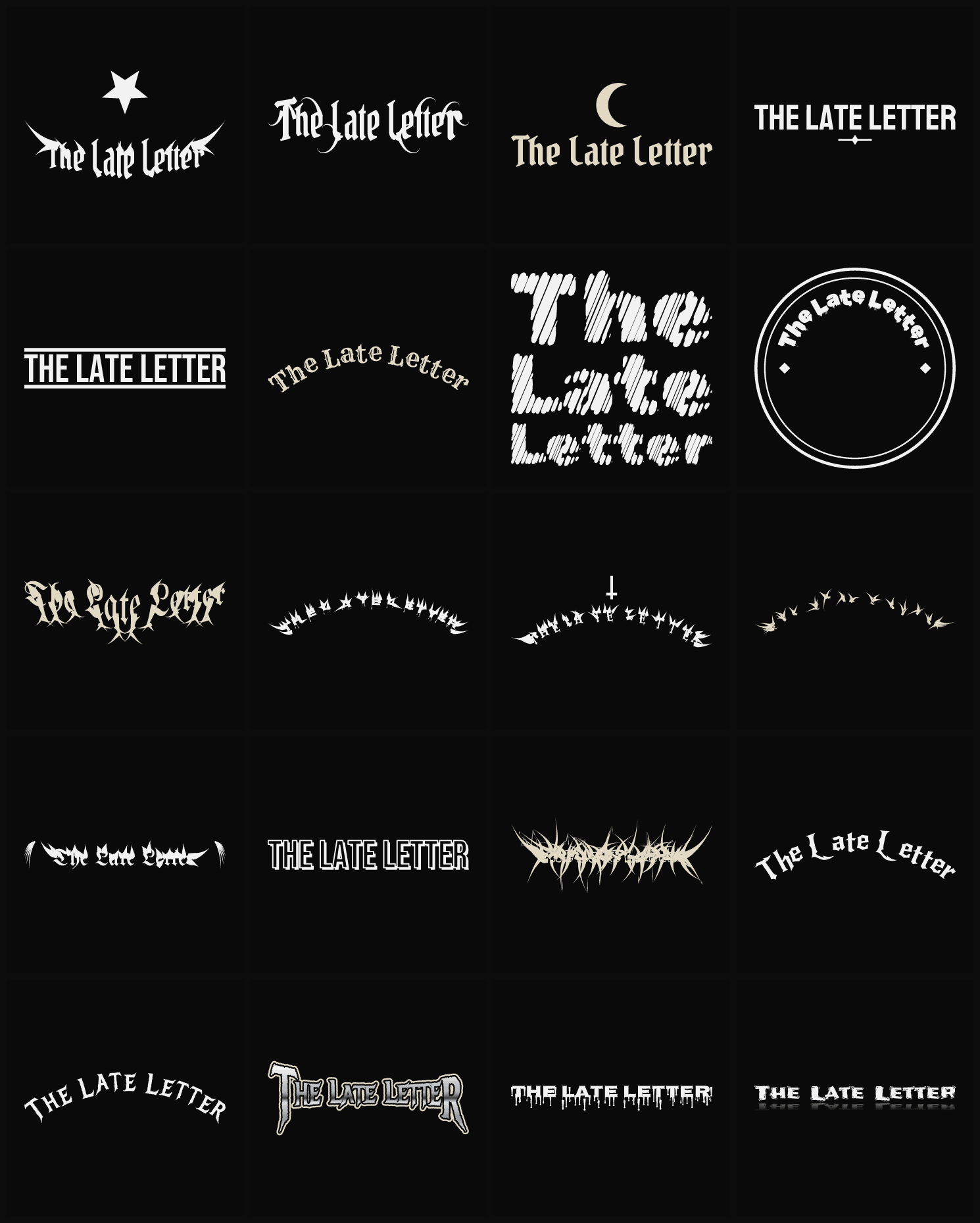 Twenty The Late Letter band logo ideas — different faces, treatments and spike settings