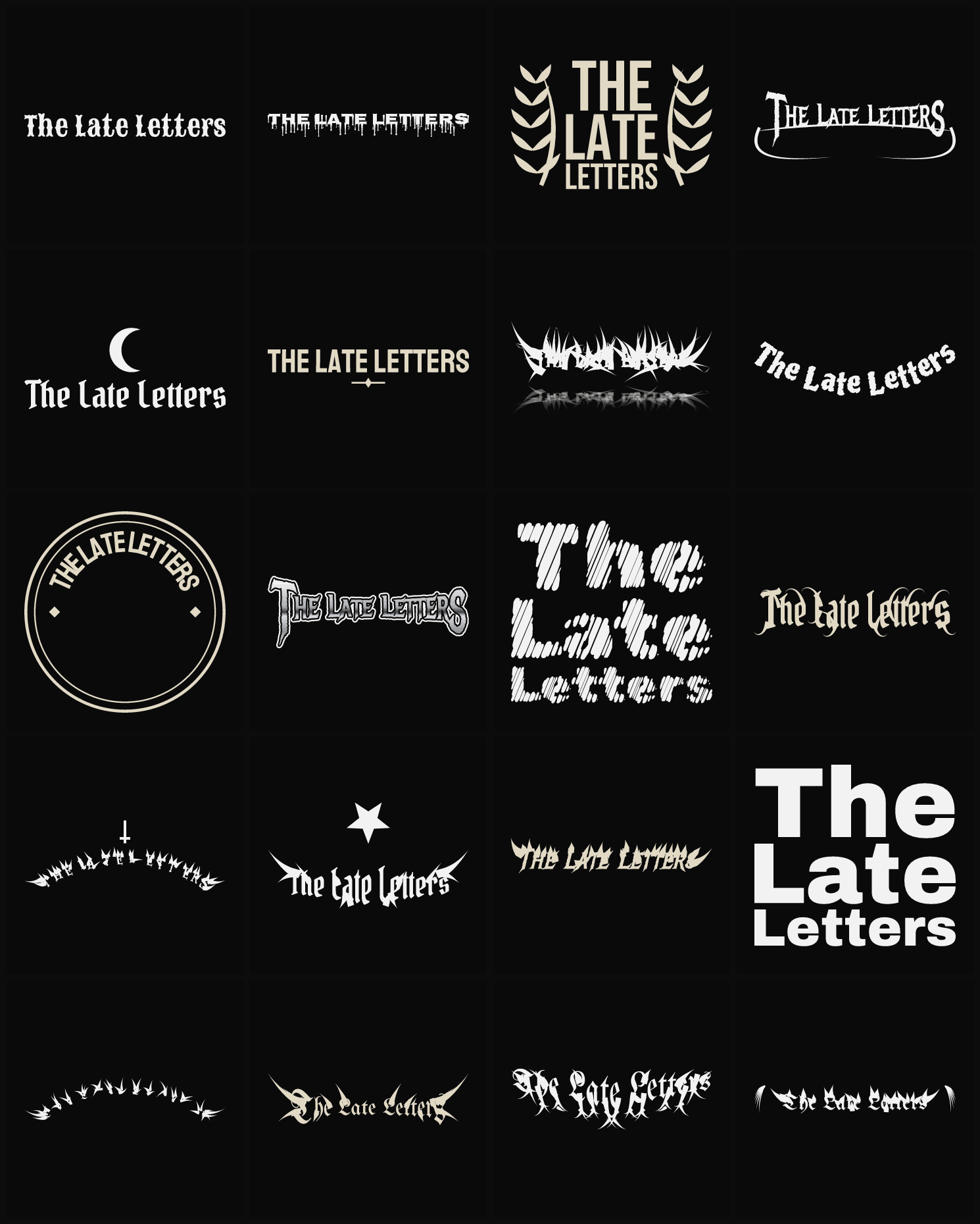 Twenty The Late Letters band logo ideas — different faces, treatments and spike settings