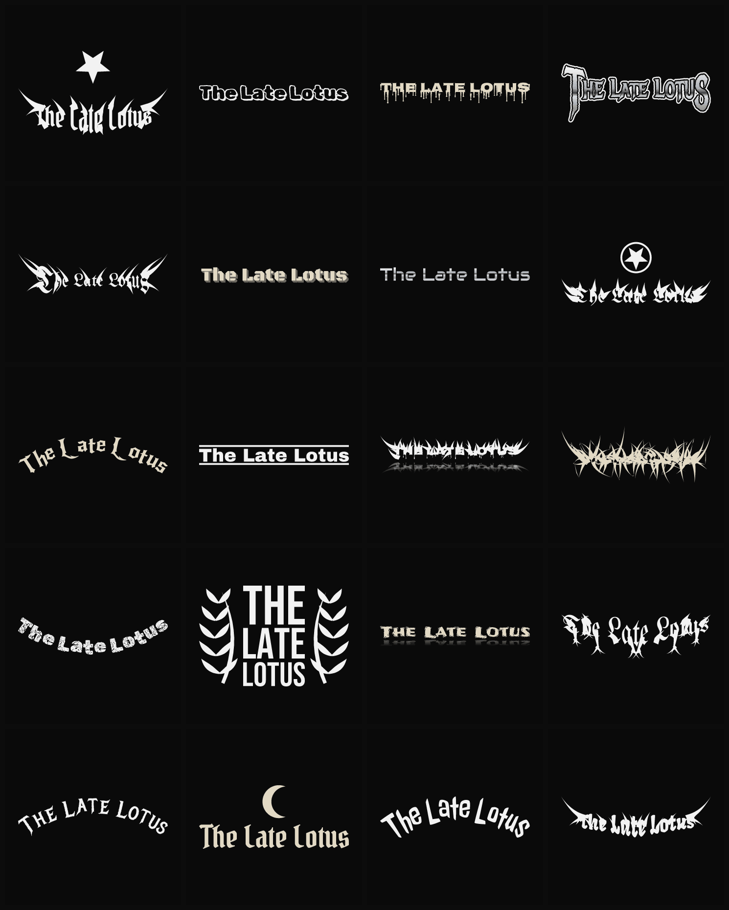 Twenty The Late Lotus band logo ideas — different faces, treatments and spike settings