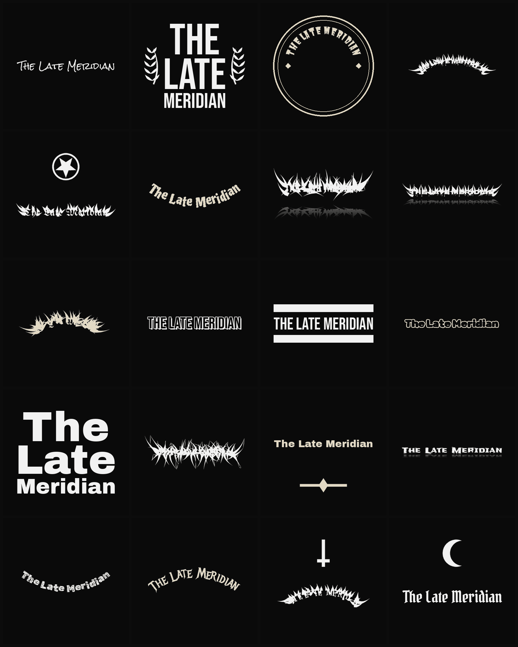 Twenty The Late Meridian band logo ideas — different faces, treatments and spike settings