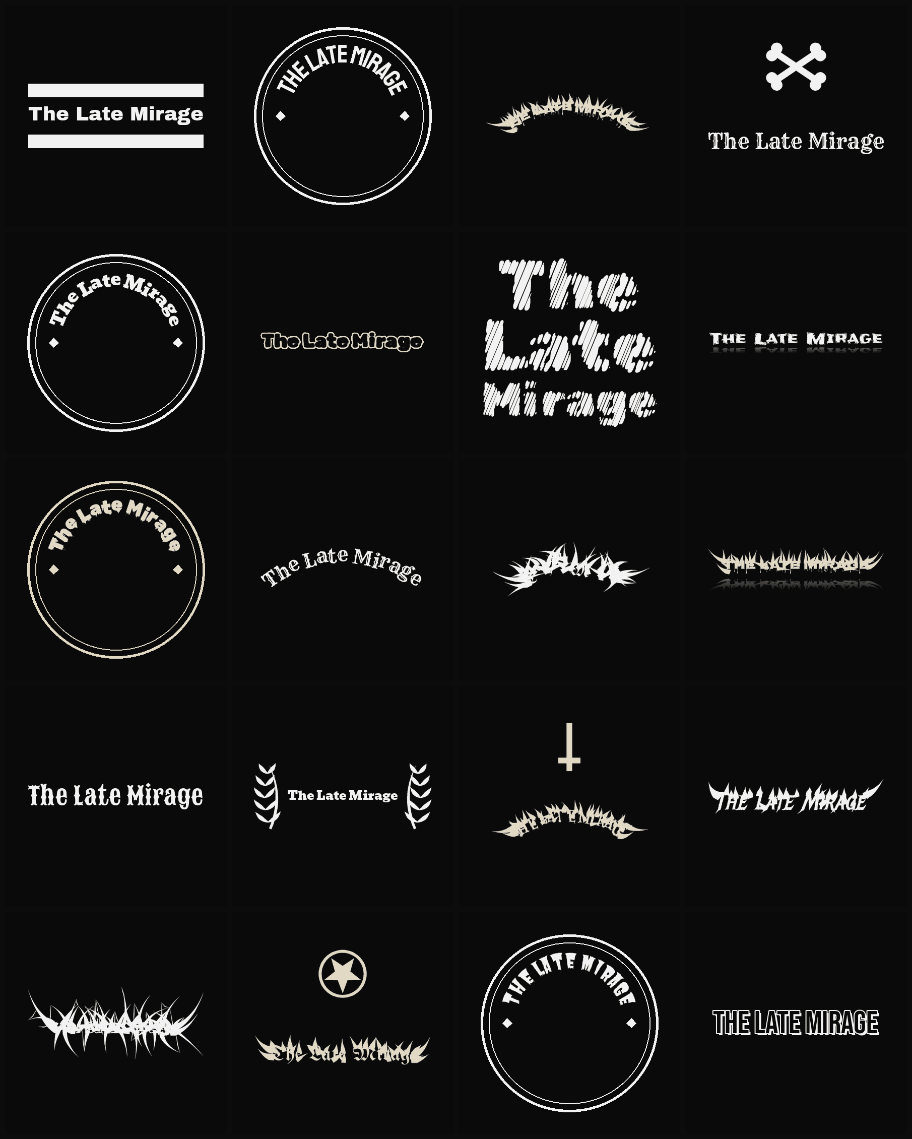 Twenty The Late Mirage band logo ideas — different faces, treatments and spike settings