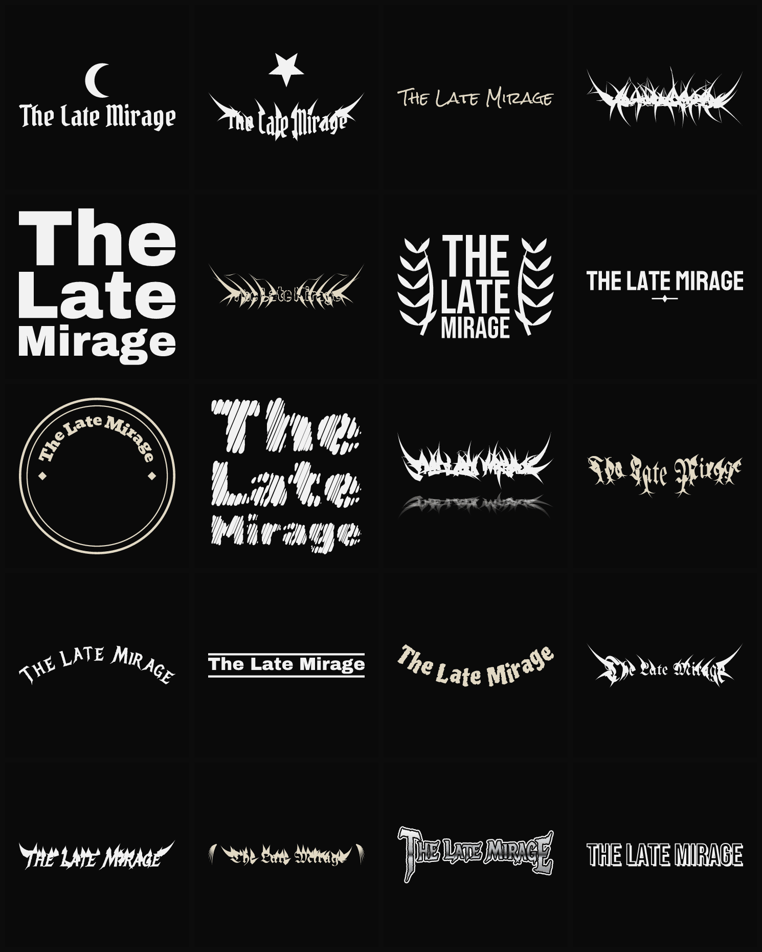 Twenty The Late Mirage band logo ideas — different faces, treatments and spike settings