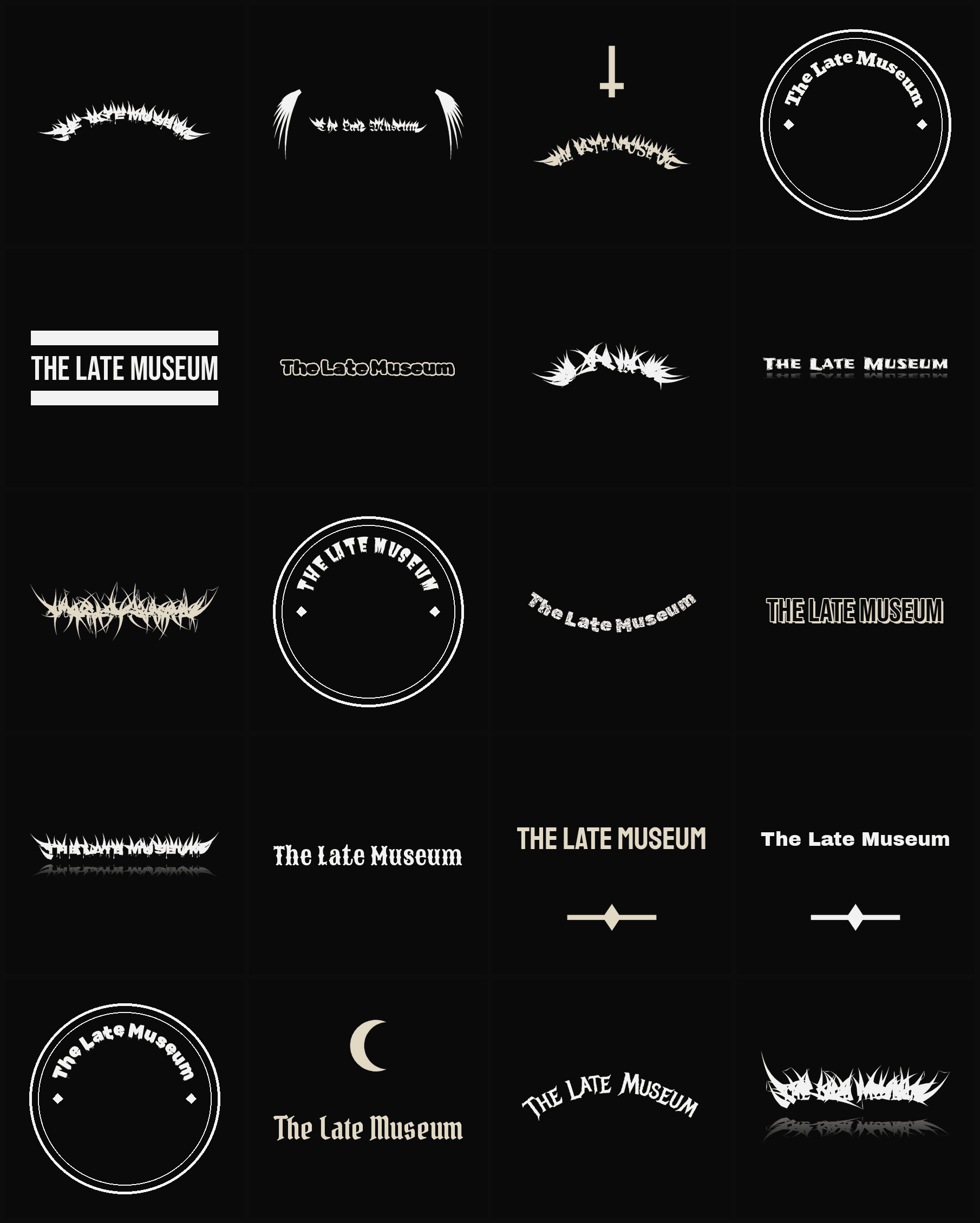 Twenty The Late Museum band logo ideas — different faces, treatments and spike settings