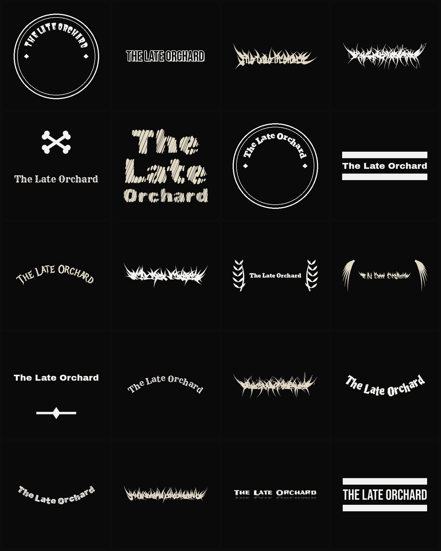 Twenty The Late Orchard band logo ideas — different faces, treatments and spike settings