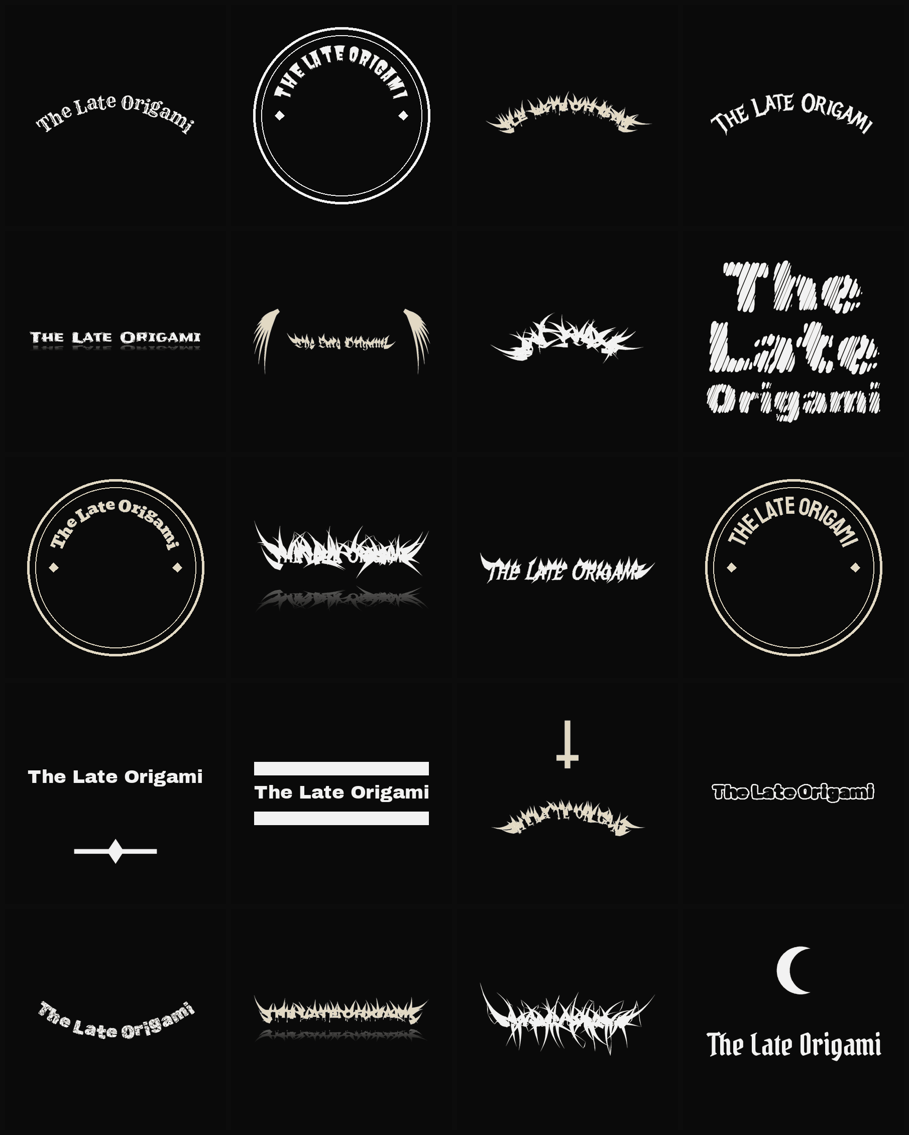 Twenty The Late Origami band logo ideas — different faces, treatments and spike settings