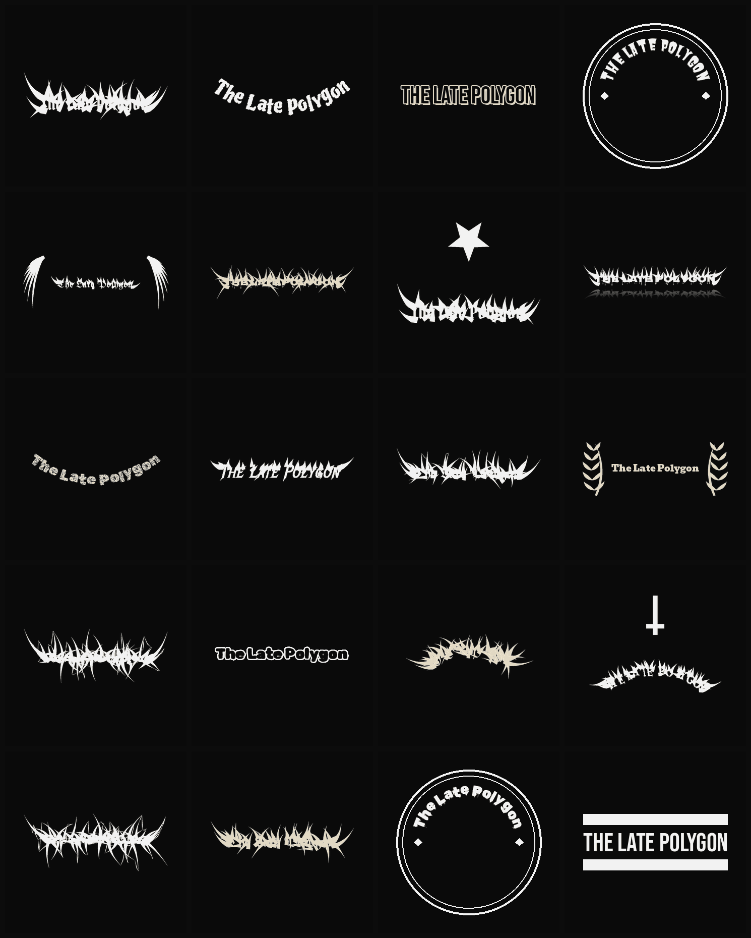 Twenty The Late Polygon band logo ideas — different faces, treatments and spike settings