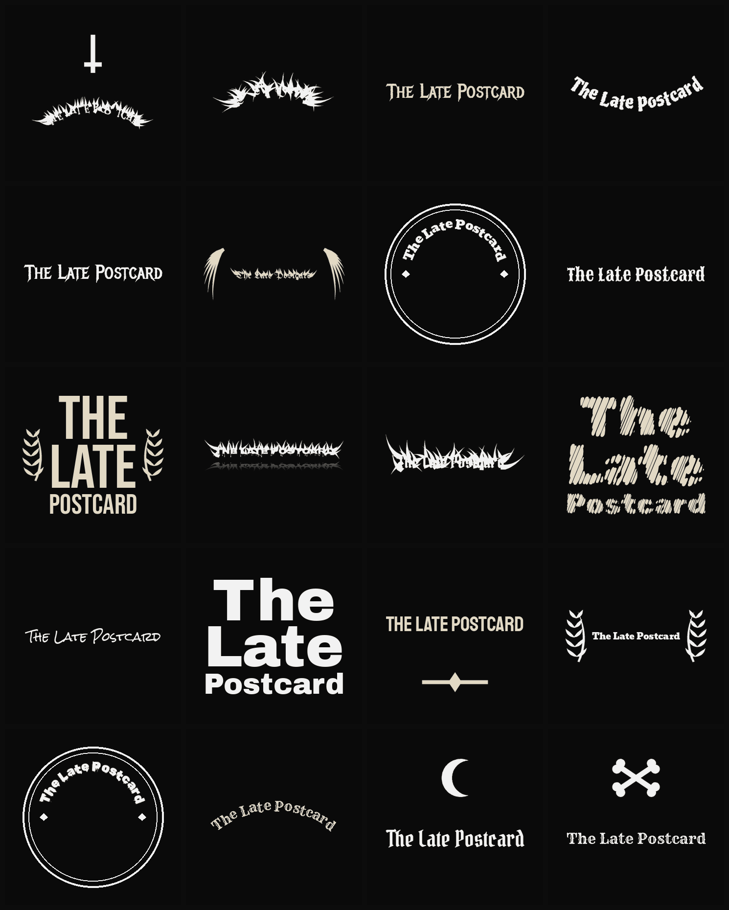 Twenty The Late Postcard band logo ideas — different faces, treatments and spike settings
