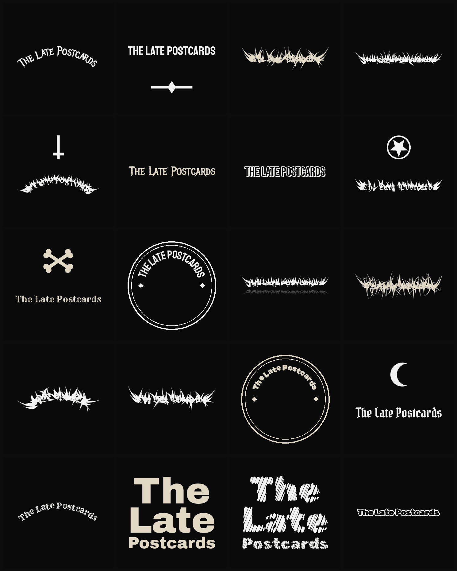 Twenty The Late Postcards band logo ideas — different faces, treatments and spike settings