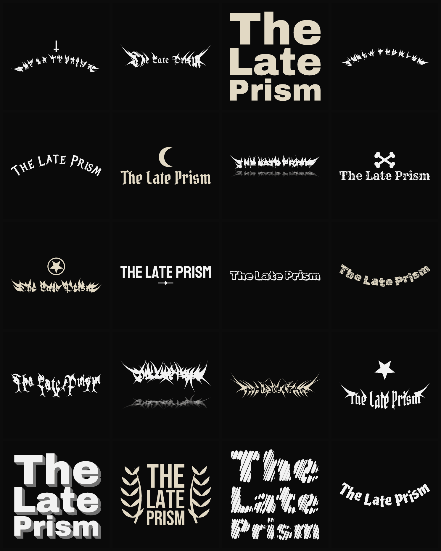 Twenty The Late Prism band logo ideas — different faces, treatments and spike settings
