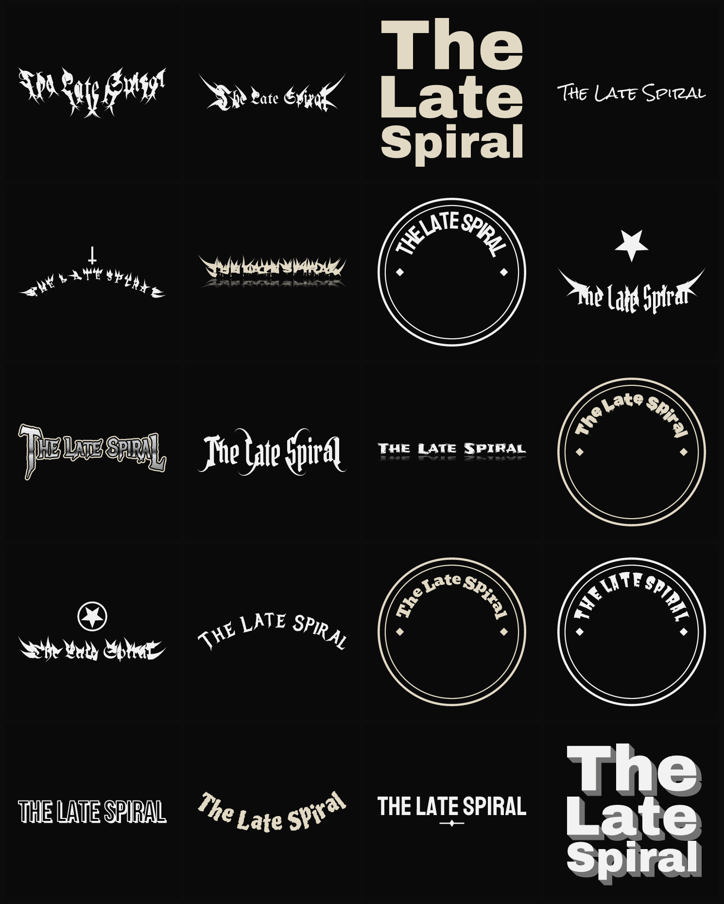 Twenty The Late Spiral band logo ideas — different faces, treatments and spike settings