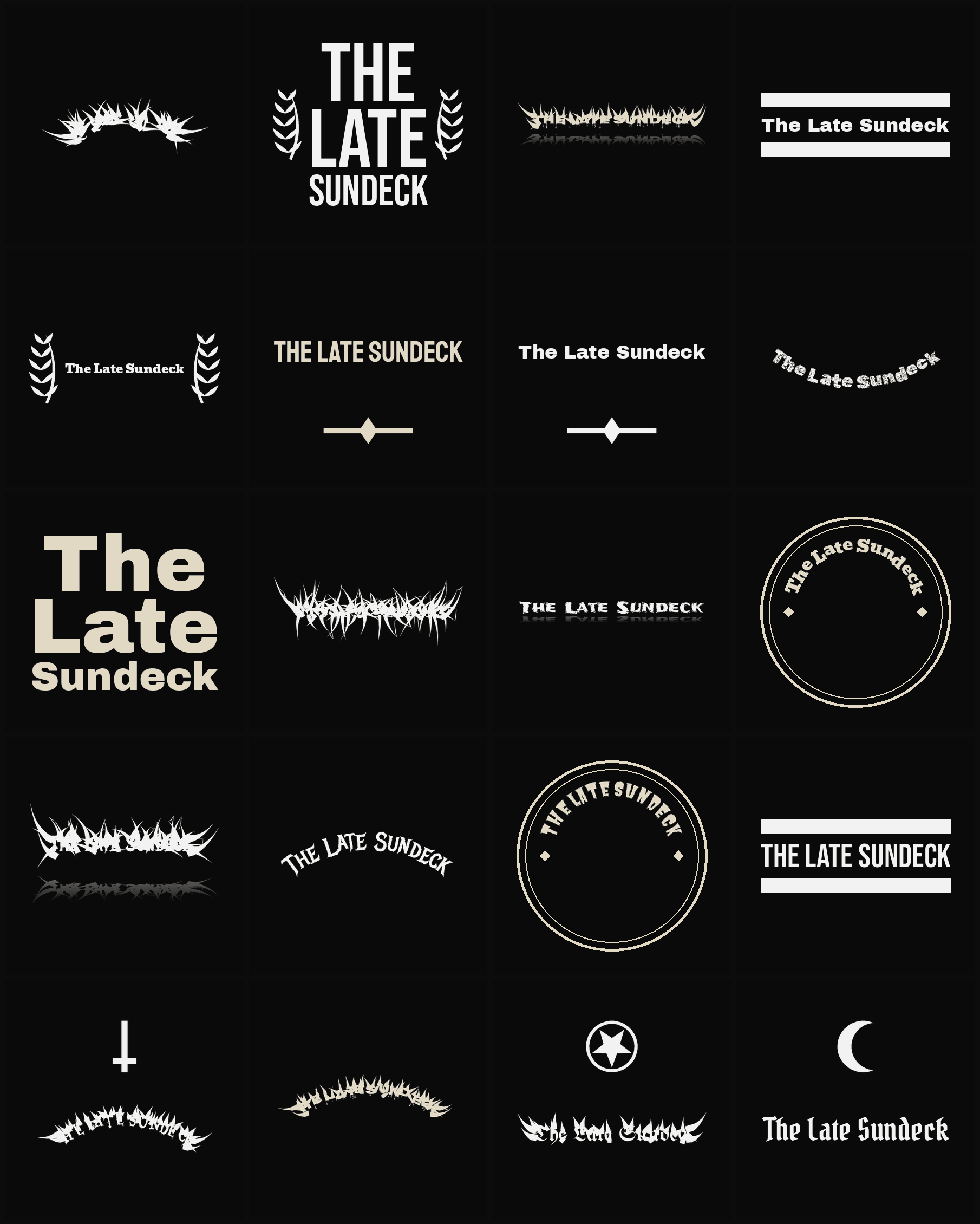 Twenty The Late Sundeck band logo ideas — different faces, treatments and spike settings