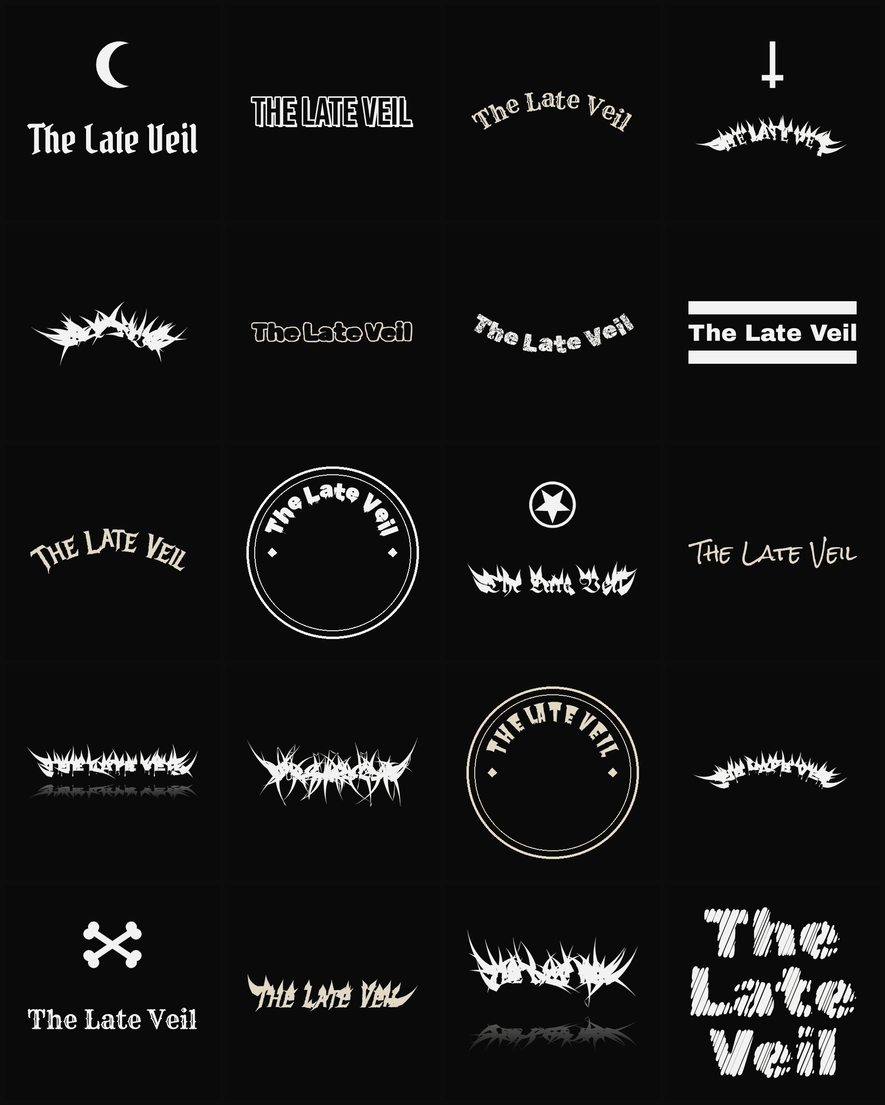 Twenty The Late Veil band logo ideas — different faces, treatments and spike settings