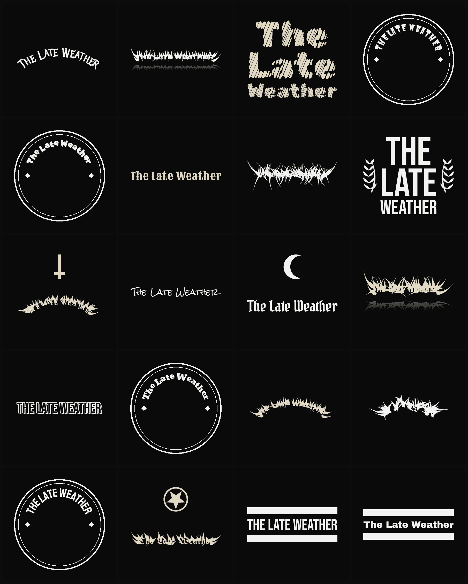 Twenty The Late Weather band logo ideas — different faces, treatments and spike settings
