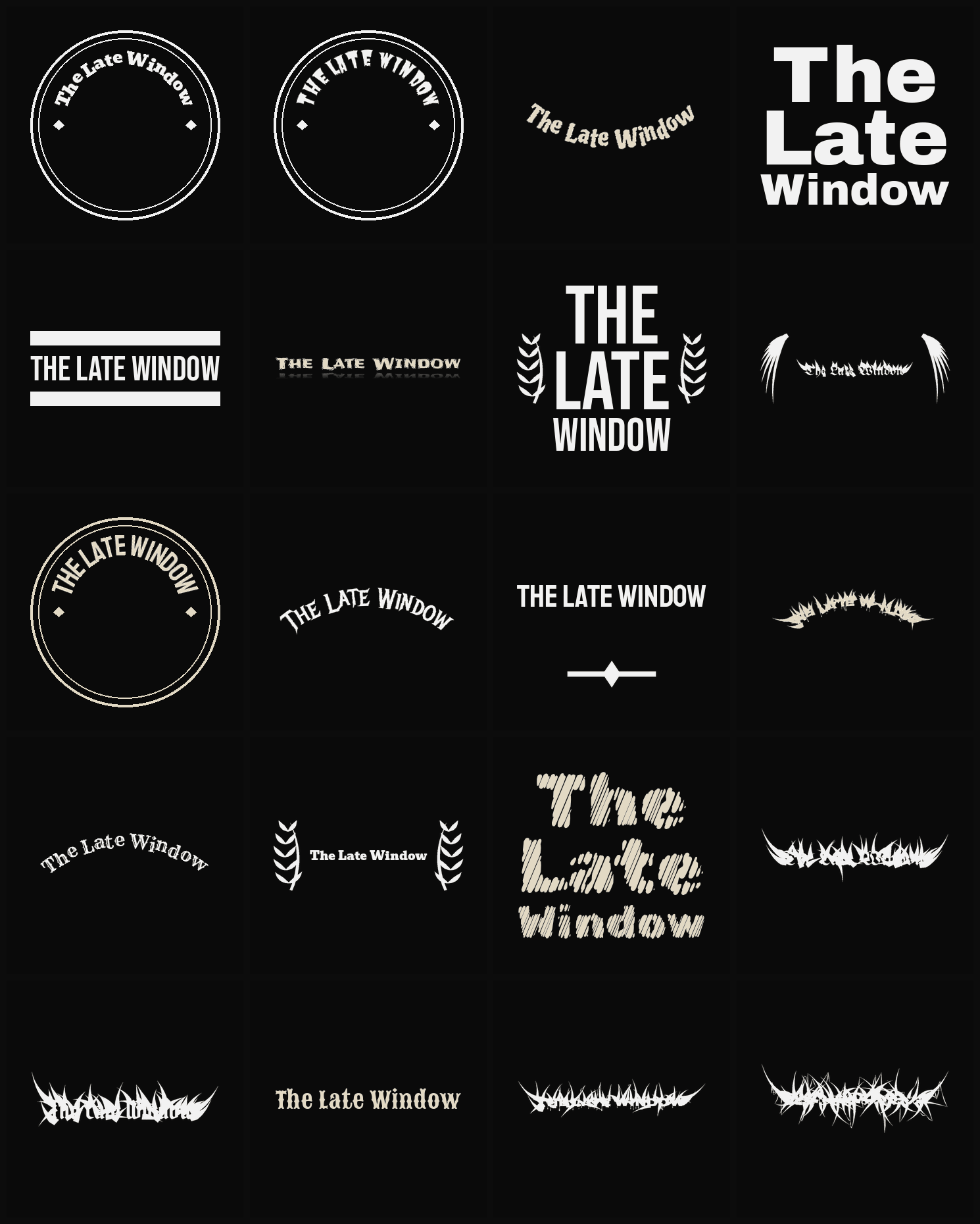Twenty The Late Window band logo ideas — different faces, treatments and spike settings