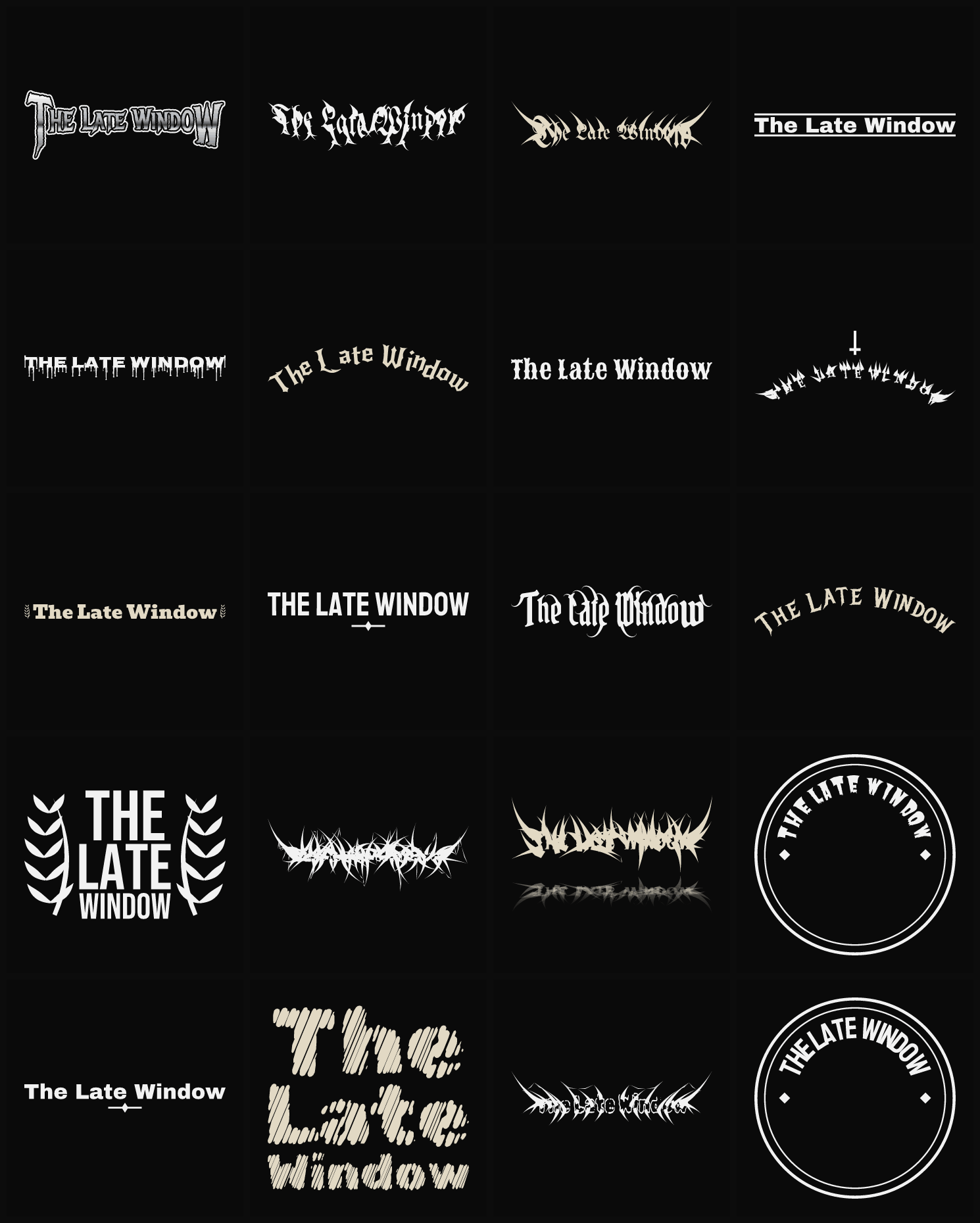 Twenty The Late Window band logo ideas — different faces, treatments and spike settings