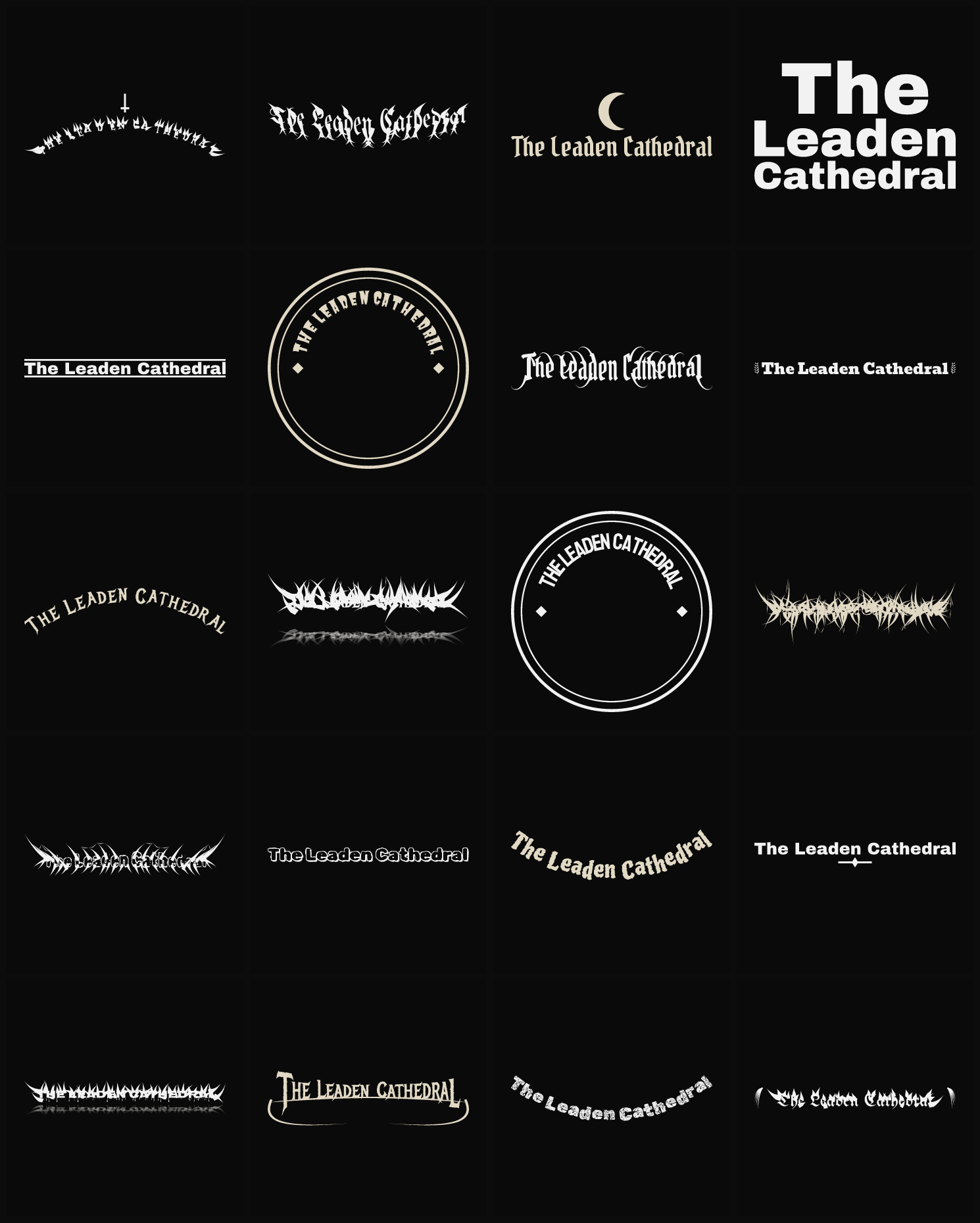 Twenty The Leaden Cathedral band logo ideas — different faces, treatments and spike settings