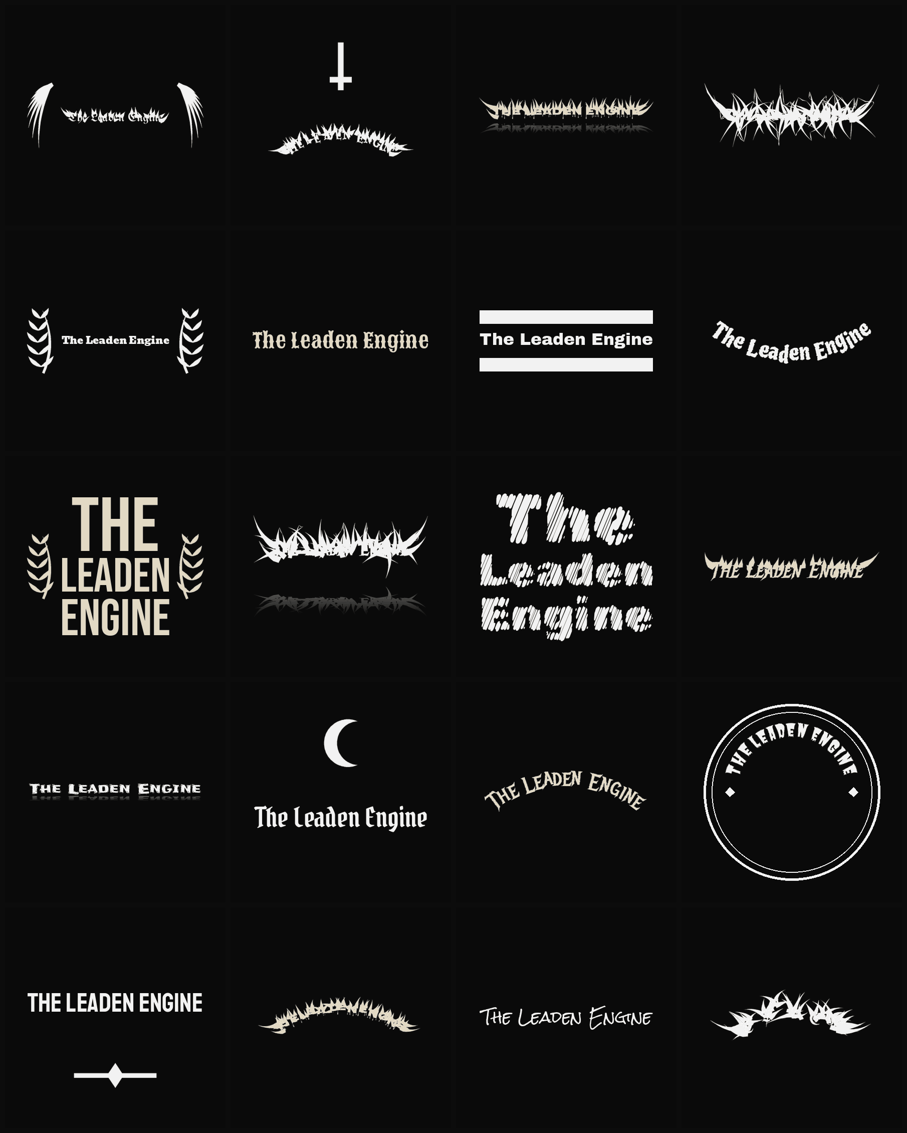 Twenty The Leaden Engine band logo ideas — different faces, treatments and spike settings
