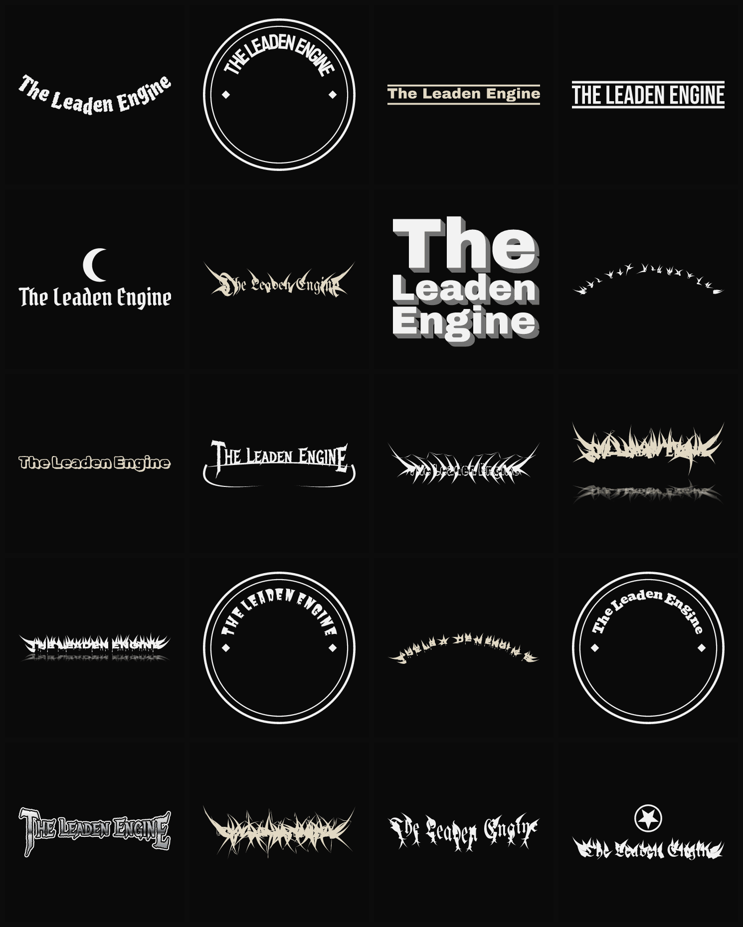 Twenty The Leaden Engine band logo ideas — different faces, treatments and spike settings