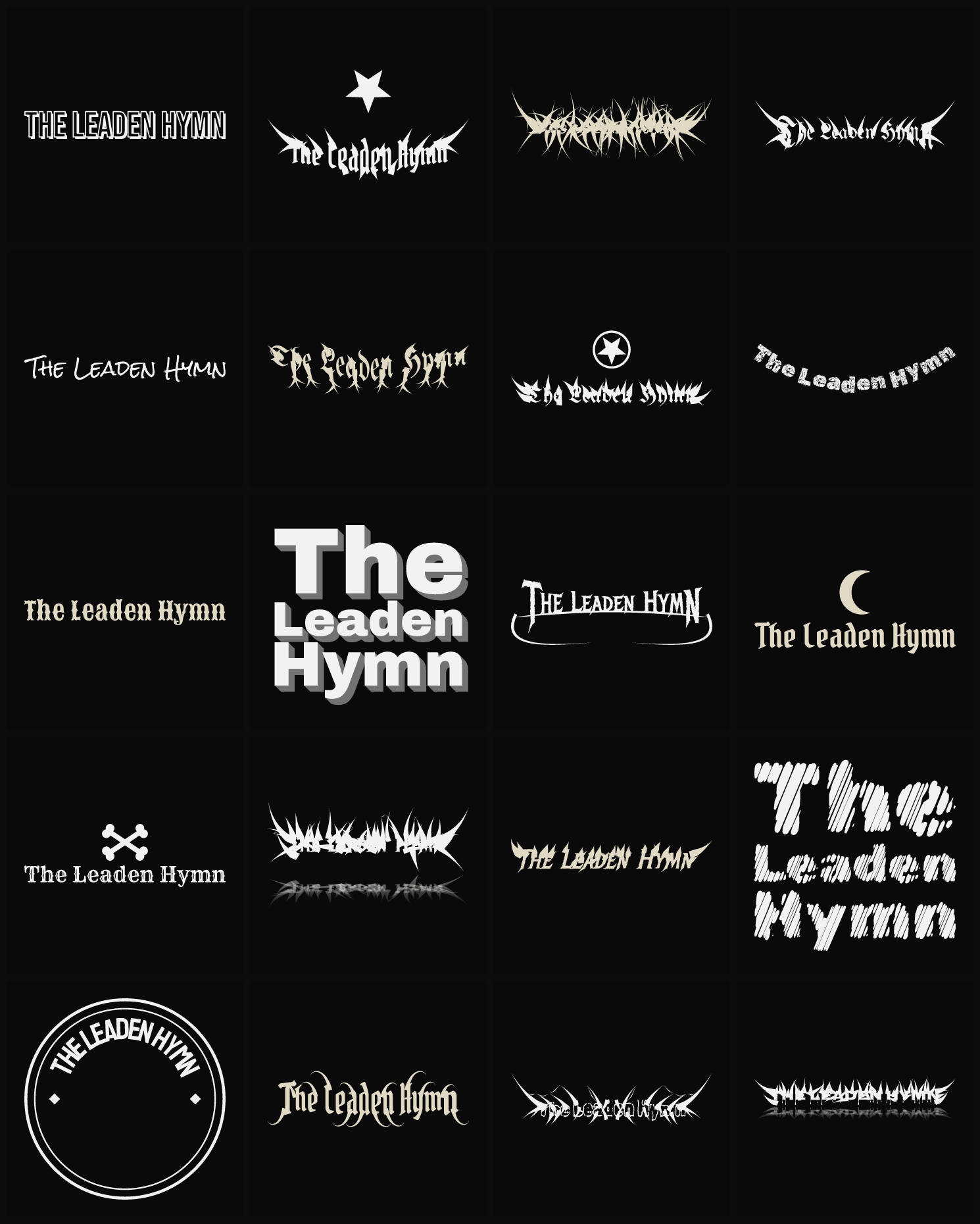 Twenty The Leaden Hymn band logo ideas — different faces, treatments and spike settings