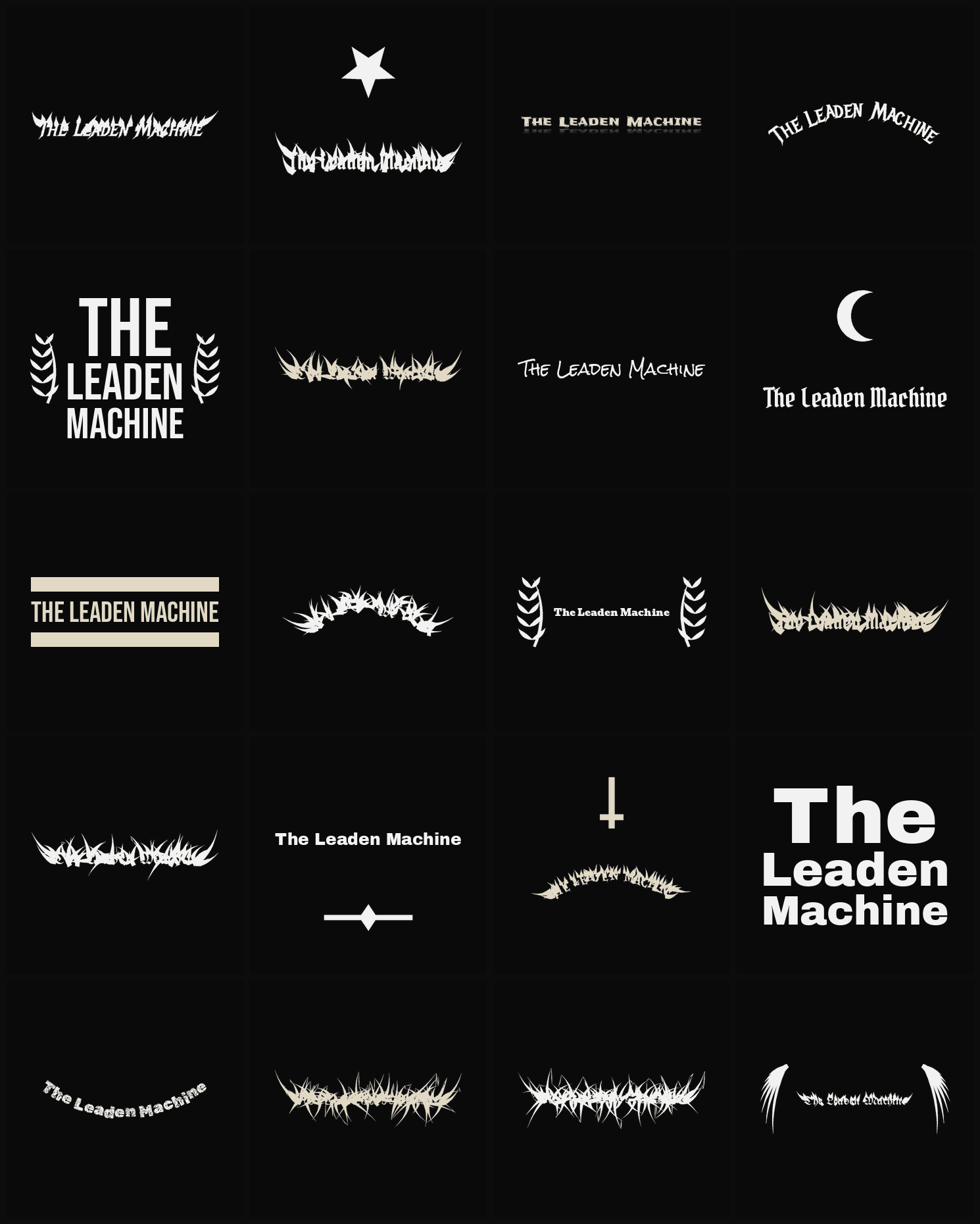 Twenty The Leaden Machine band logo ideas — different faces, treatments and spike settings