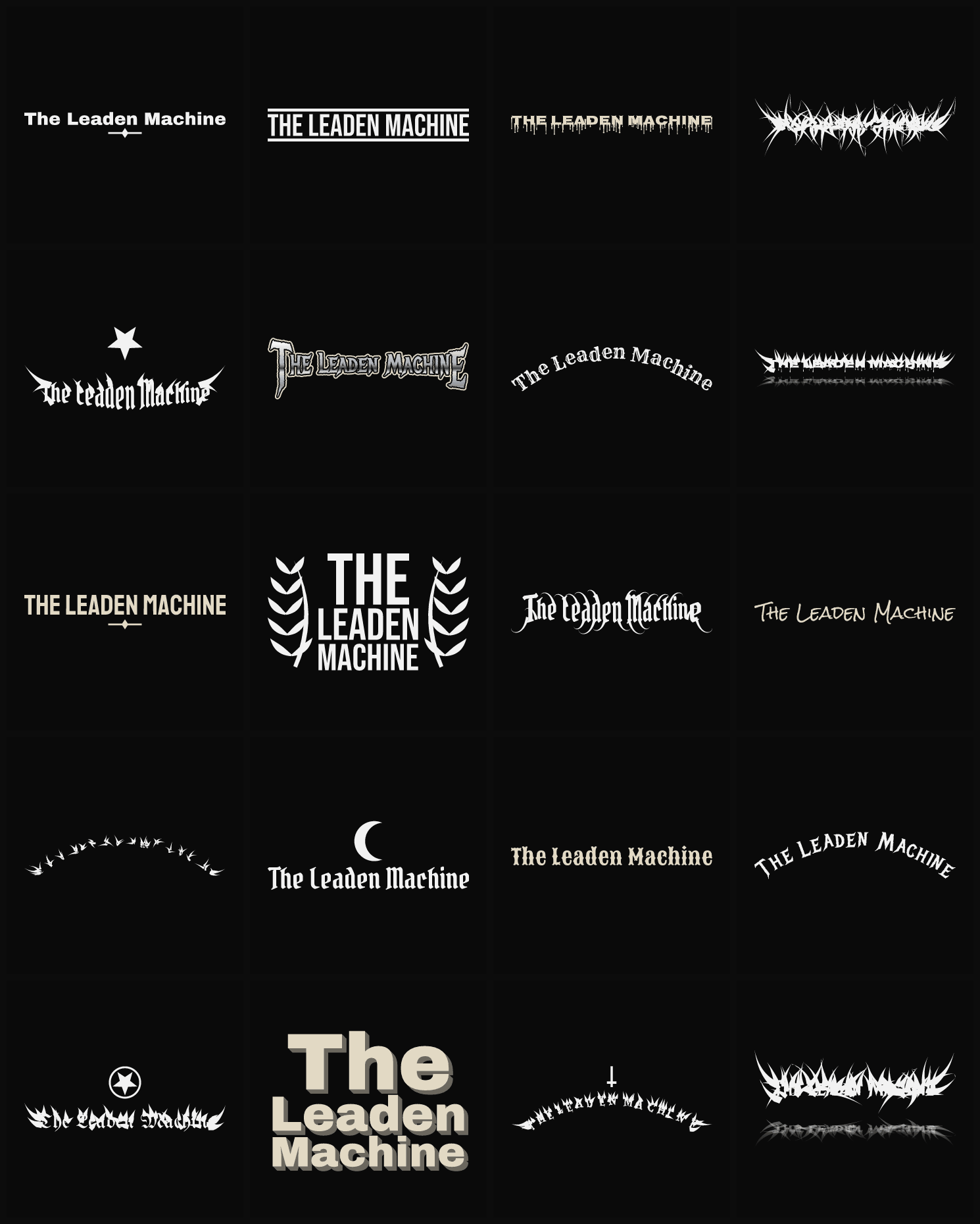 Twenty The Leaden Machine band logo ideas — different faces, treatments and spike settings