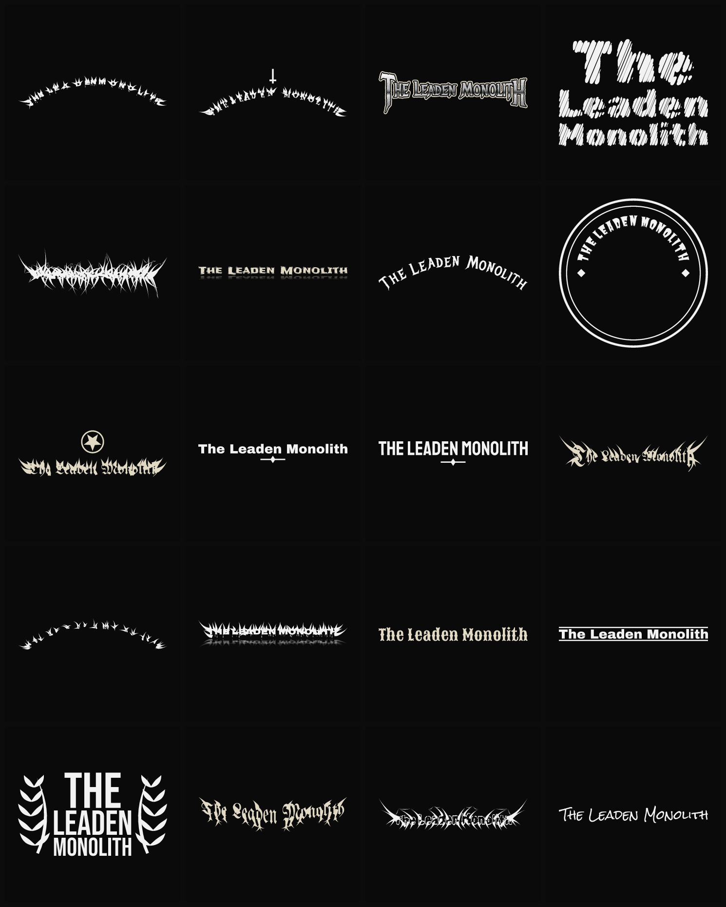Twenty The Leaden Monolith band logo ideas — different faces, treatments and spike settings