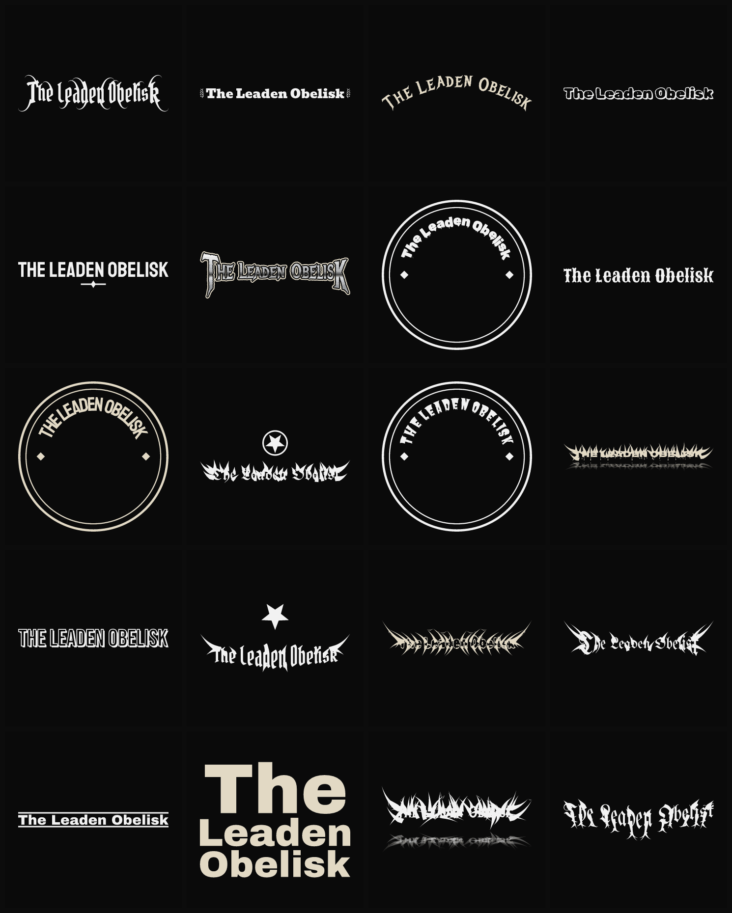 Twenty The Leaden Obelisk band logo ideas — different faces, treatments and spike settings