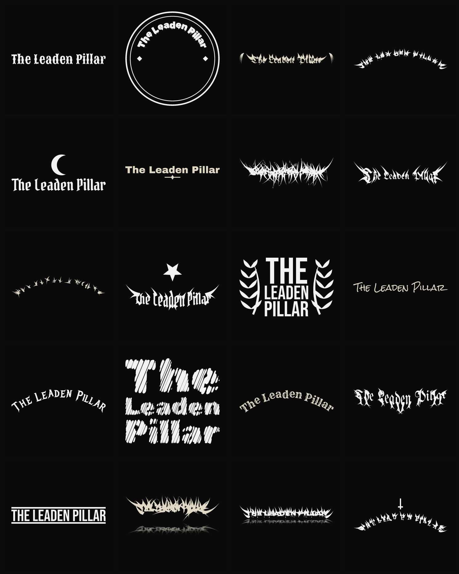 Twenty The Leaden Pillar band logo ideas — different faces, treatments and spike settings