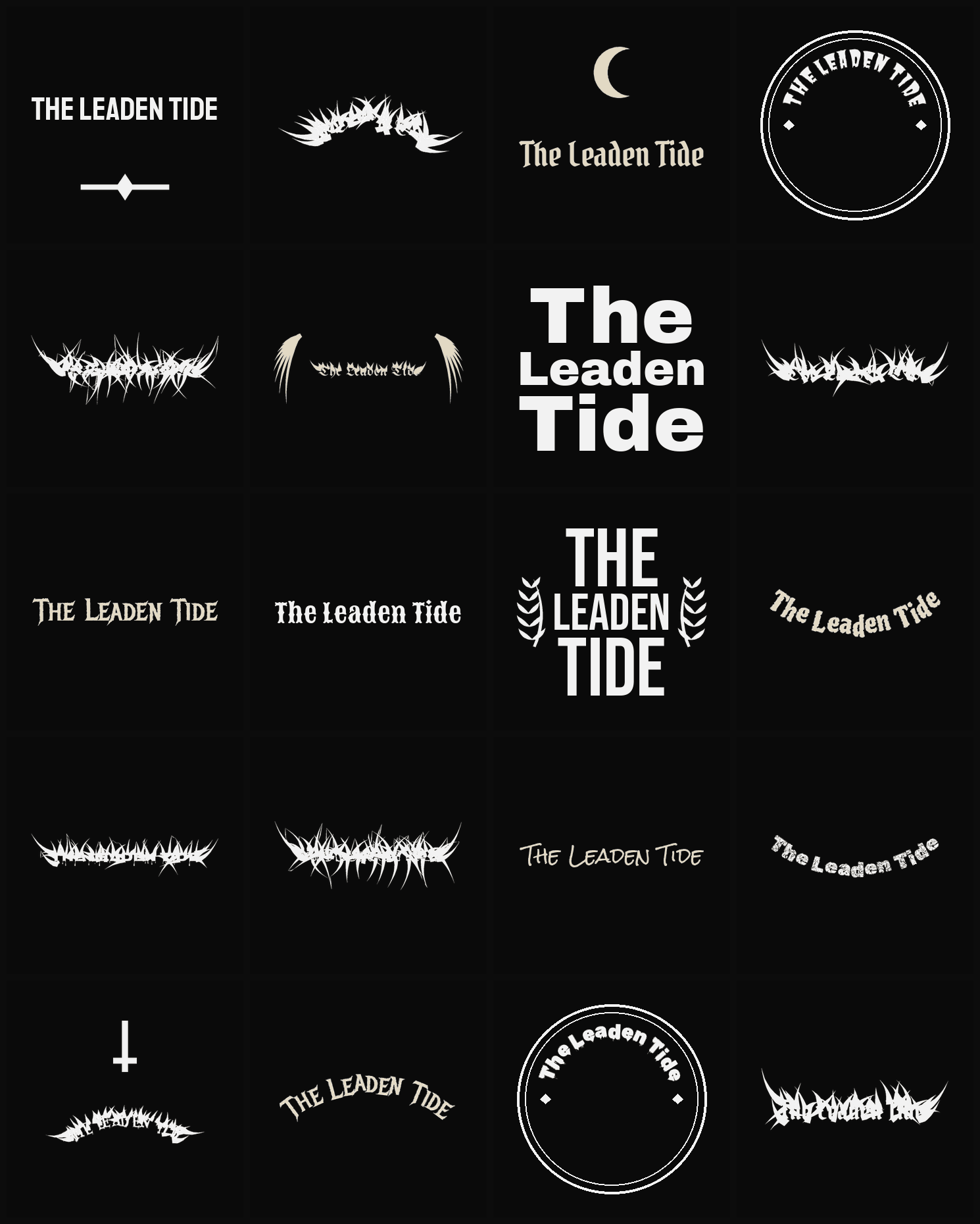 Twenty The Leaden Tide band logo ideas — different faces, treatments and spike settings