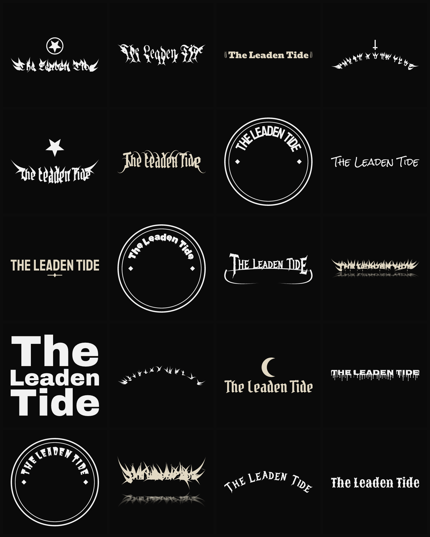 Twenty The Leaden Tide band logo ideas — different faces, treatments and spike settings