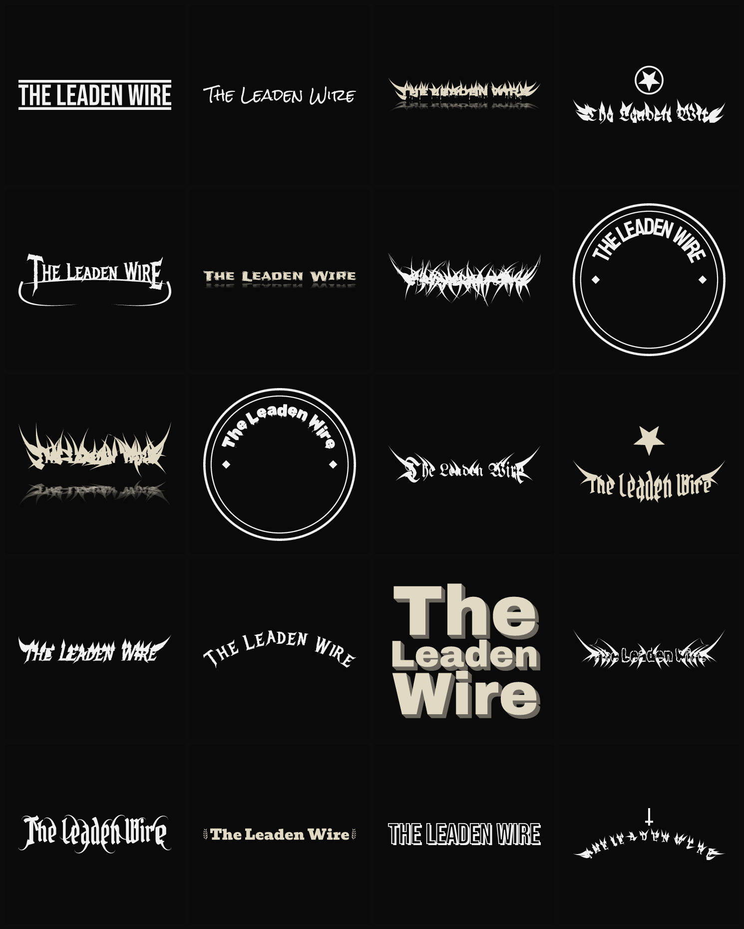 Twenty The Leaden Wire band logo ideas — different faces, treatments and spike settings