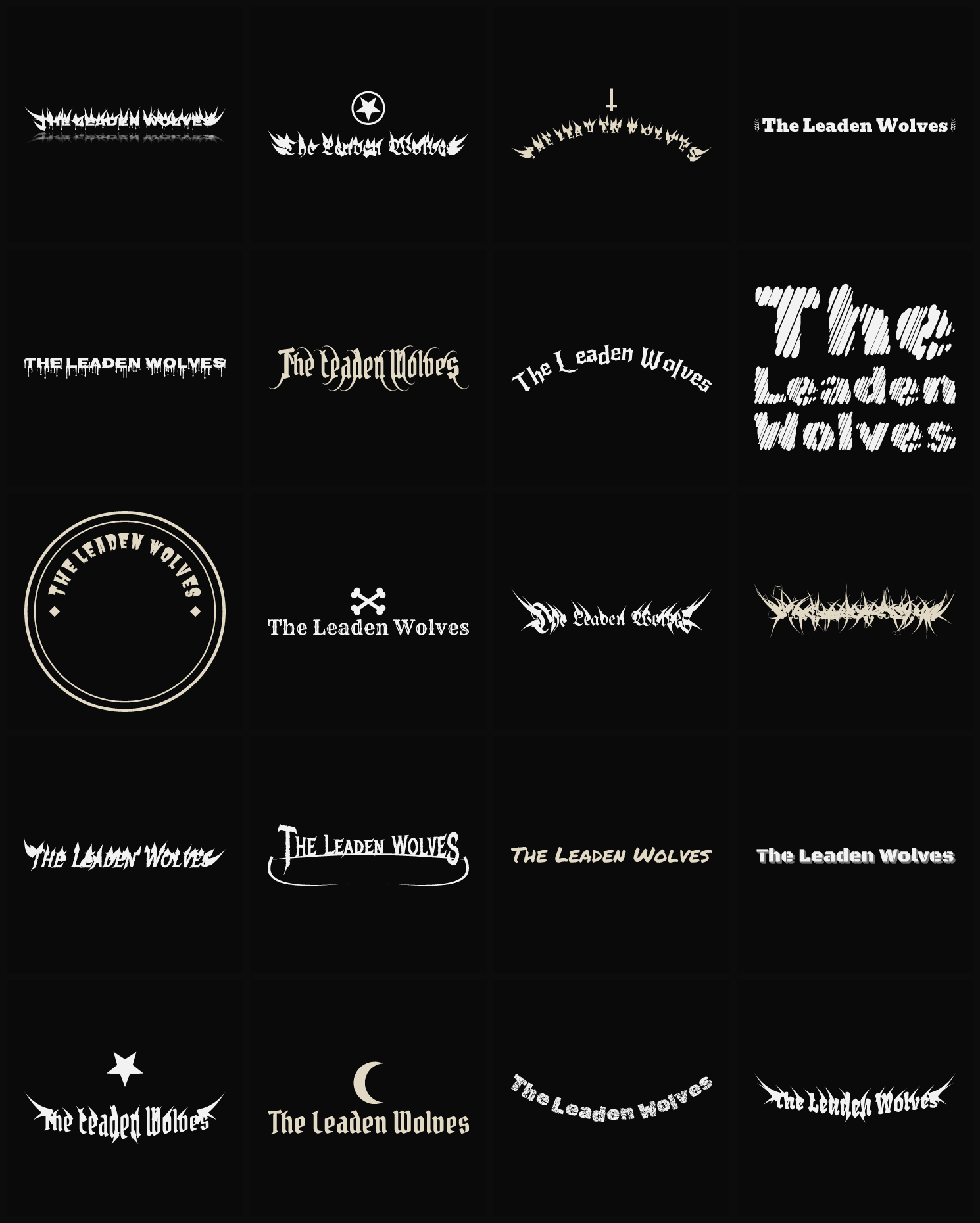 Twenty The Leaden Wolves band logo ideas — different faces, treatments and spike settings