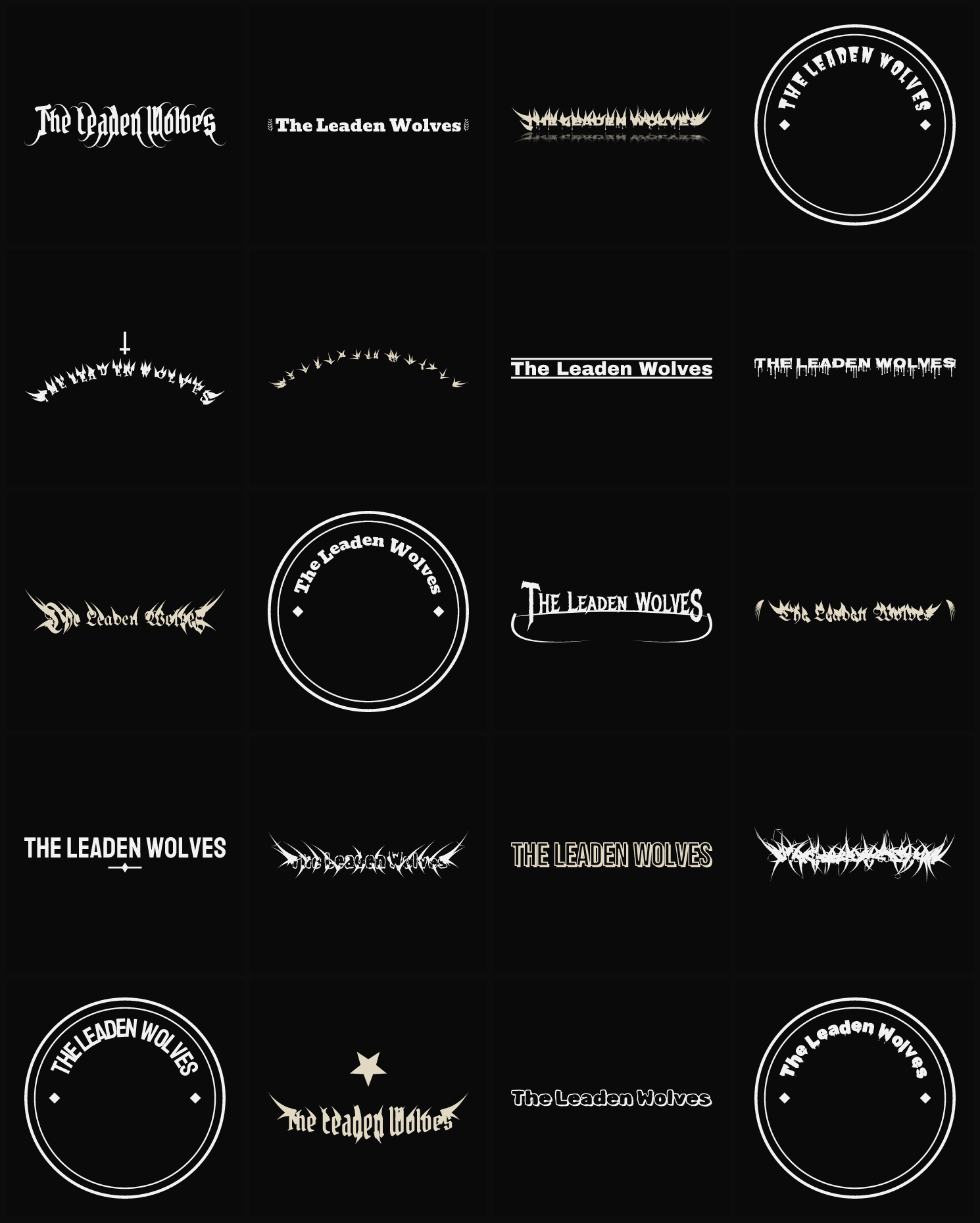 Twenty The Leaden Wolves band logo ideas — different faces, treatments and spike settings