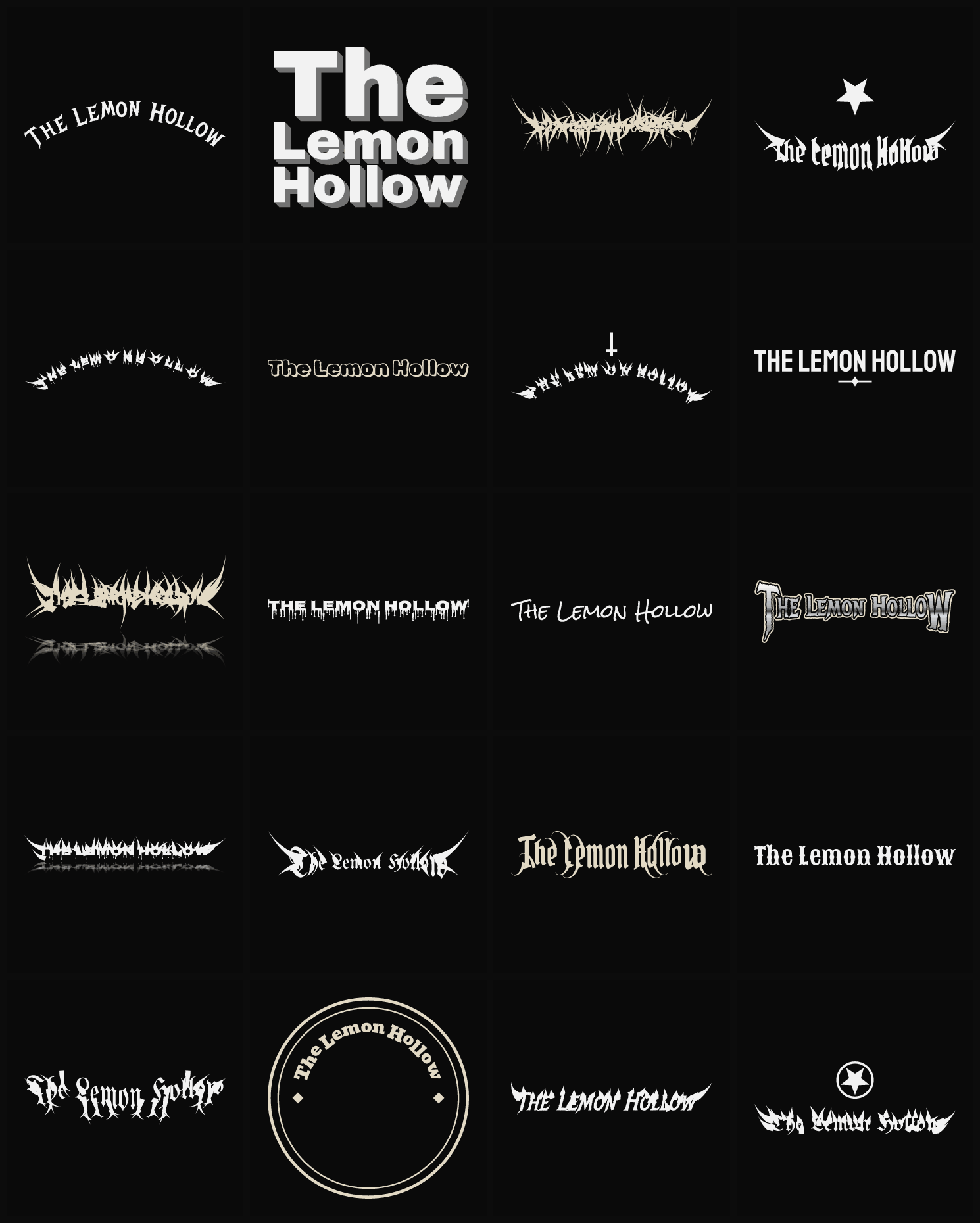 Twenty The Lemon Hollow band logo ideas — different faces, treatments and spike settings