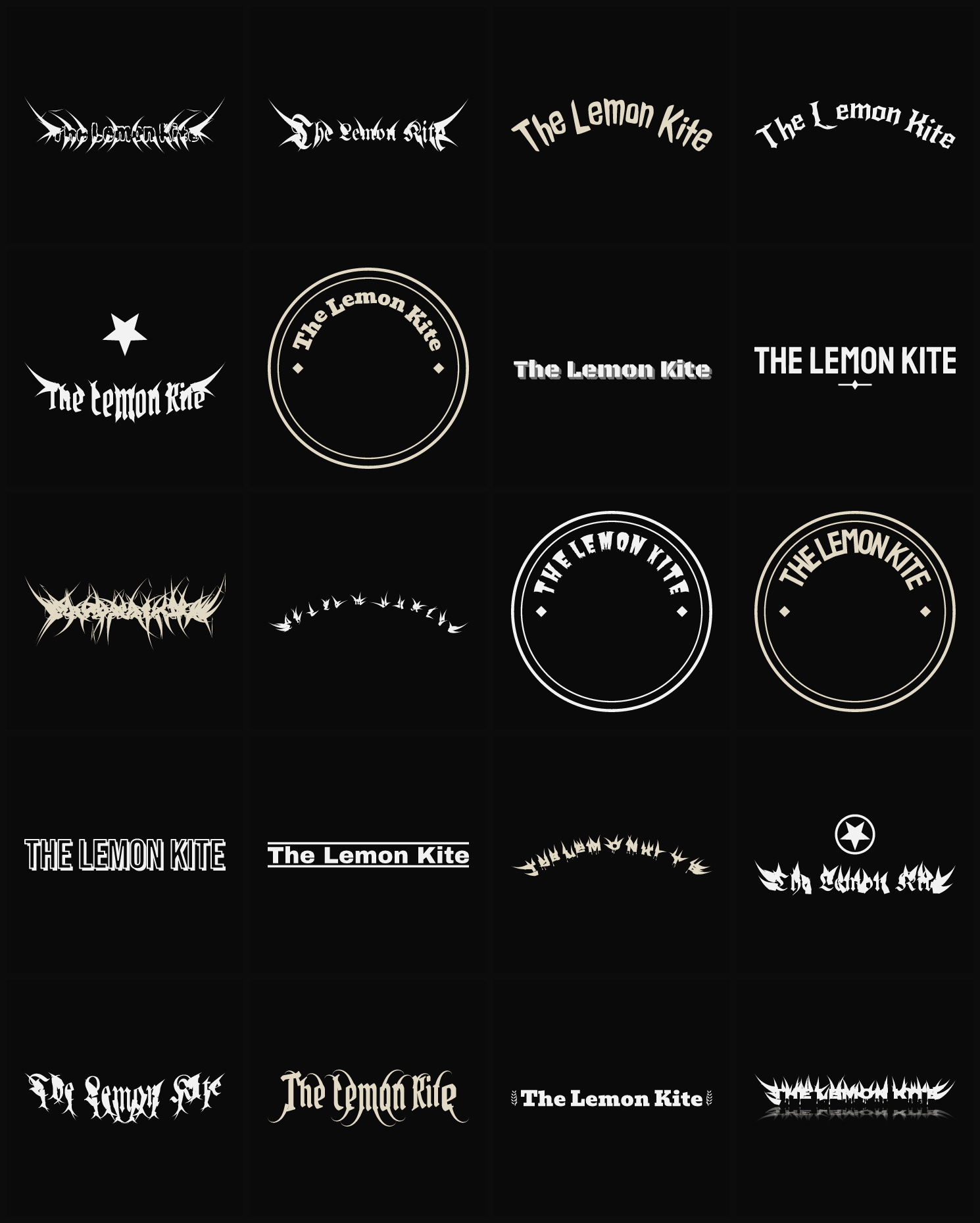 Twenty The Lemon Kite band logo ideas — different faces, treatments and spike settings