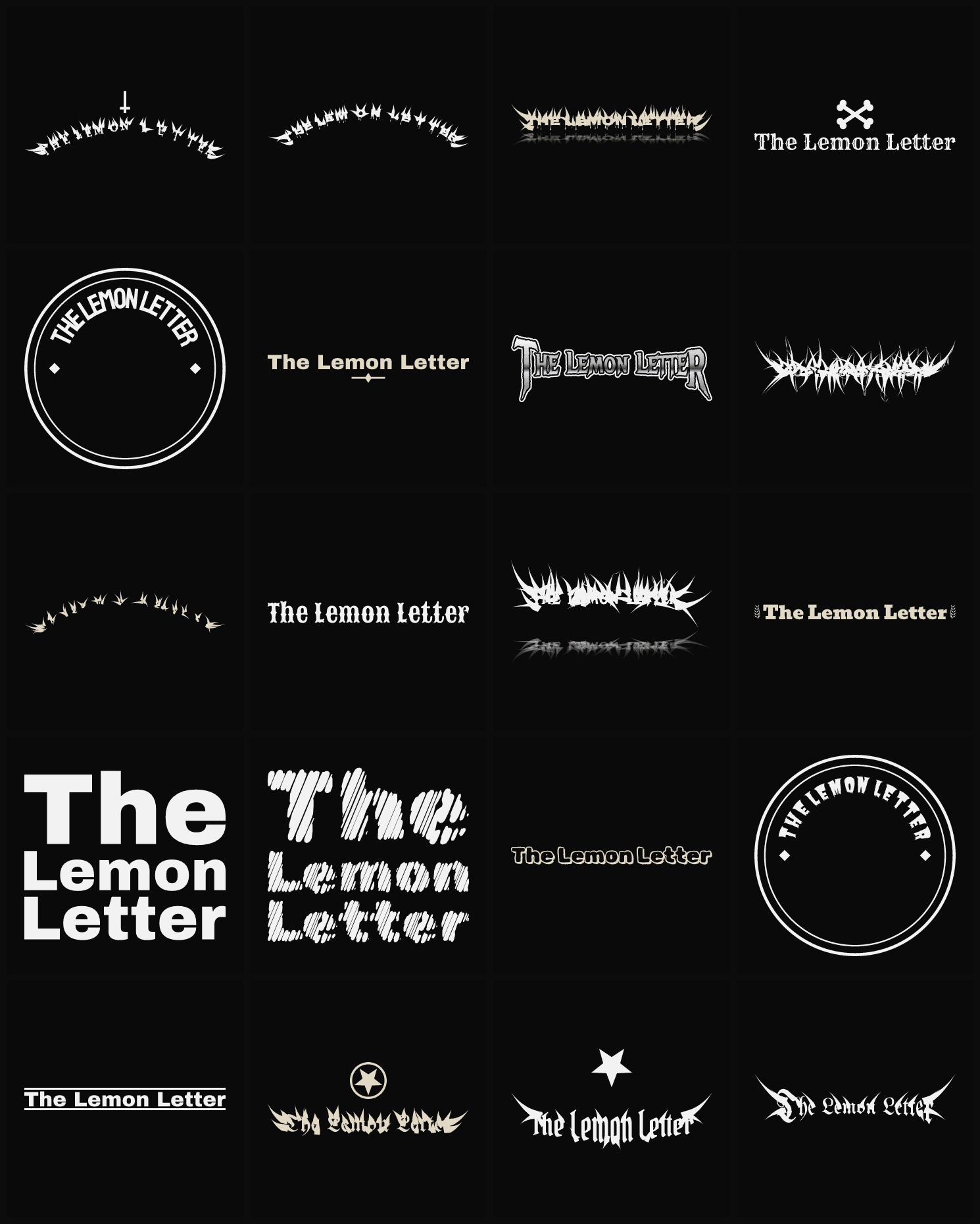 Twenty The Lemon Letter band logo ideas — different faces, treatments and spike settings