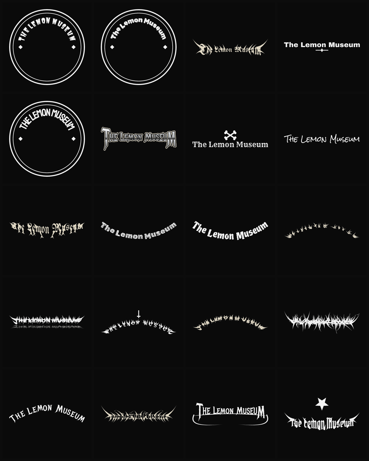 Twenty The Lemon Museum band logo ideas — different faces, treatments and spike settings