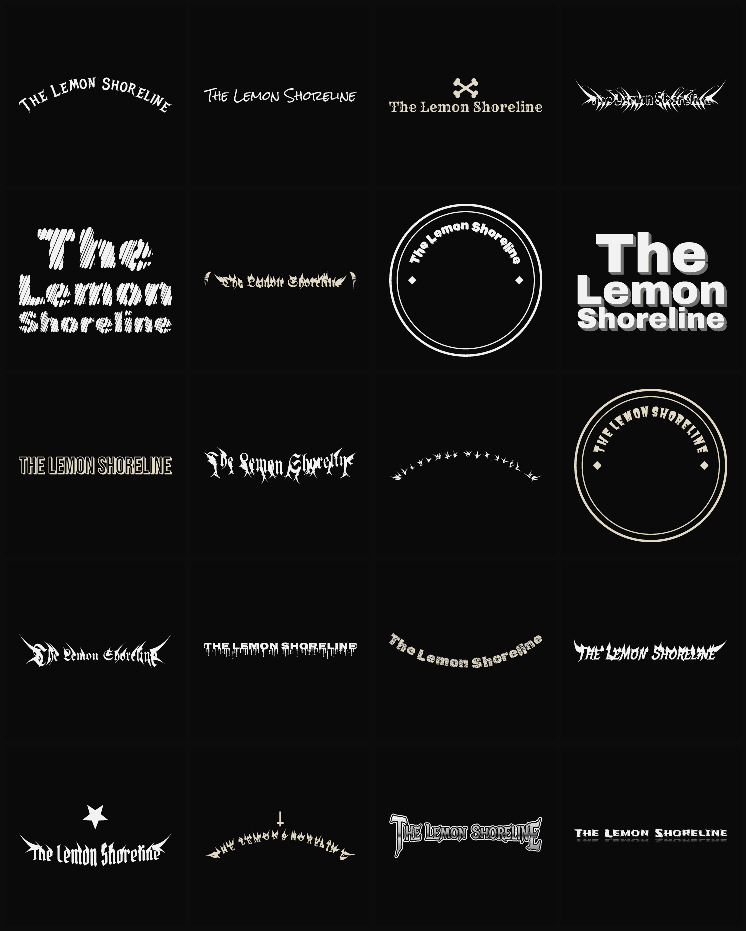 Twenty The Lemon Shoreline band logo ideas — different faces, treatments and spike settings