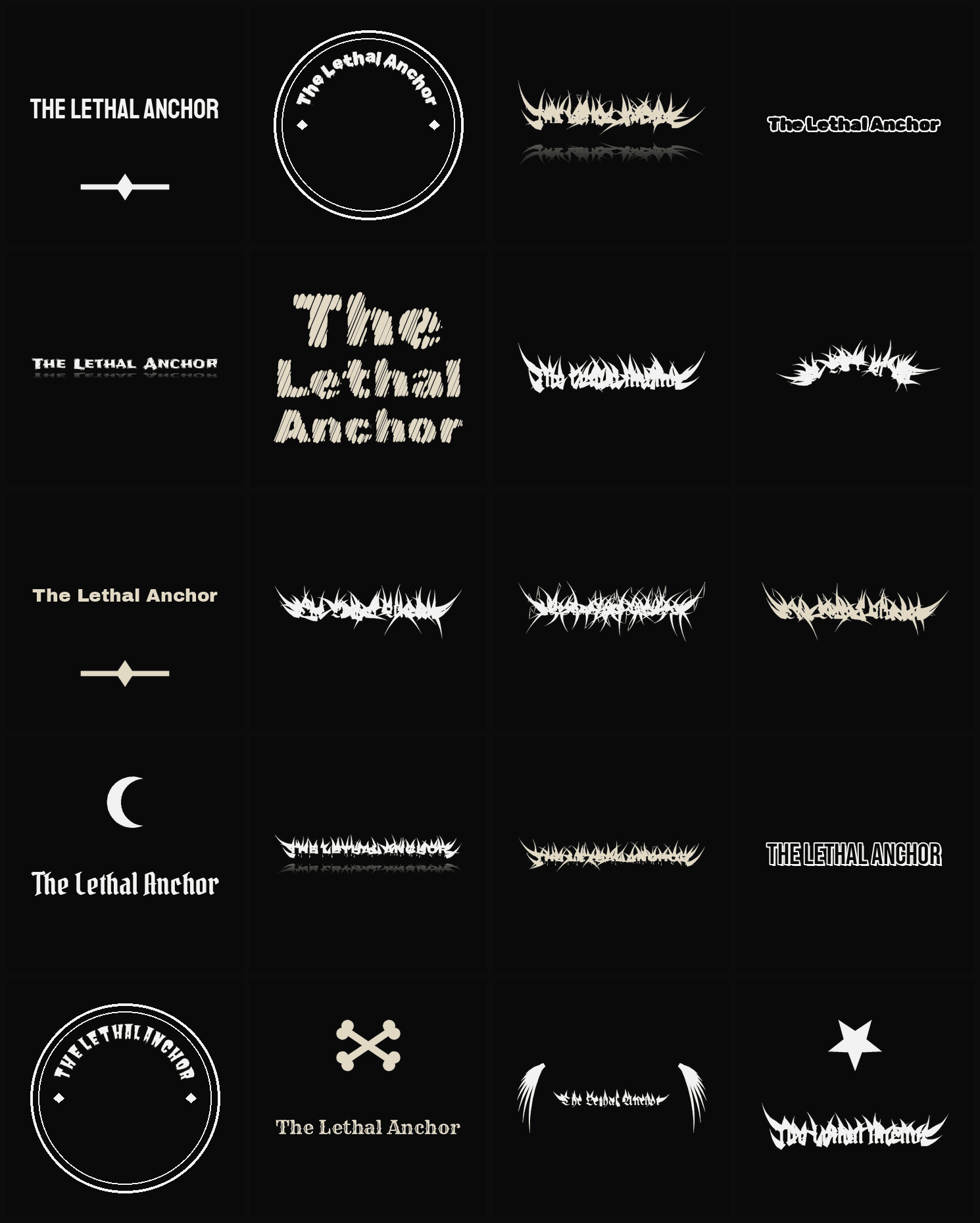Twenty The Lethal Anchor band logo ideas — different faces, treatments and spike settings