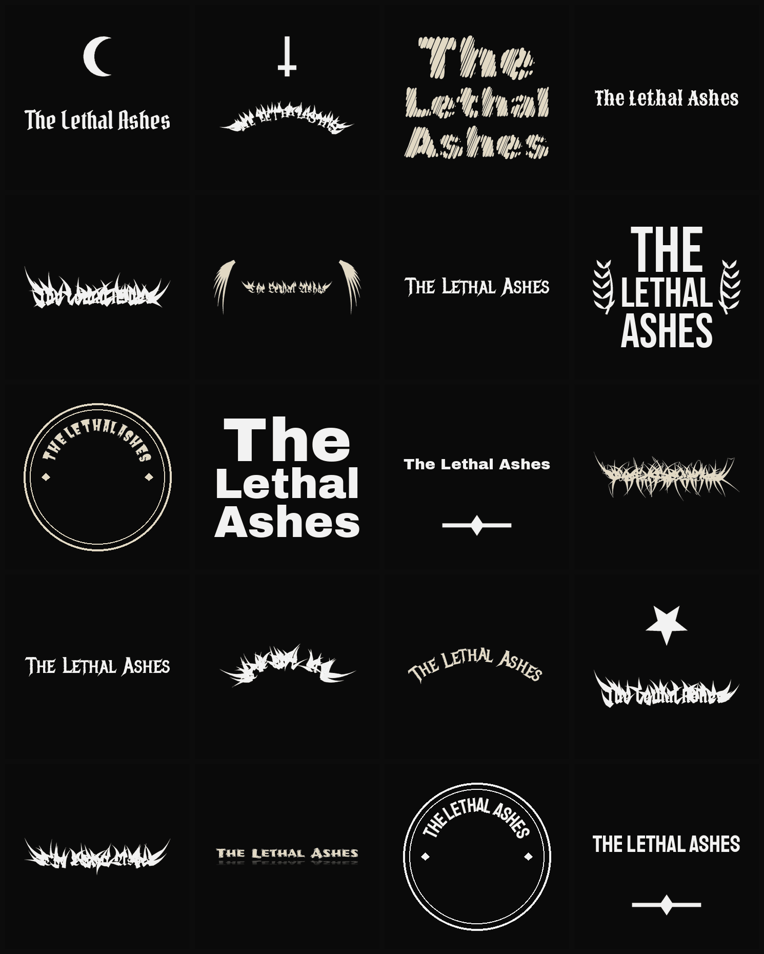 Twenty The Lethal Ashes band logo ideas — different faces, treatments and spike settings