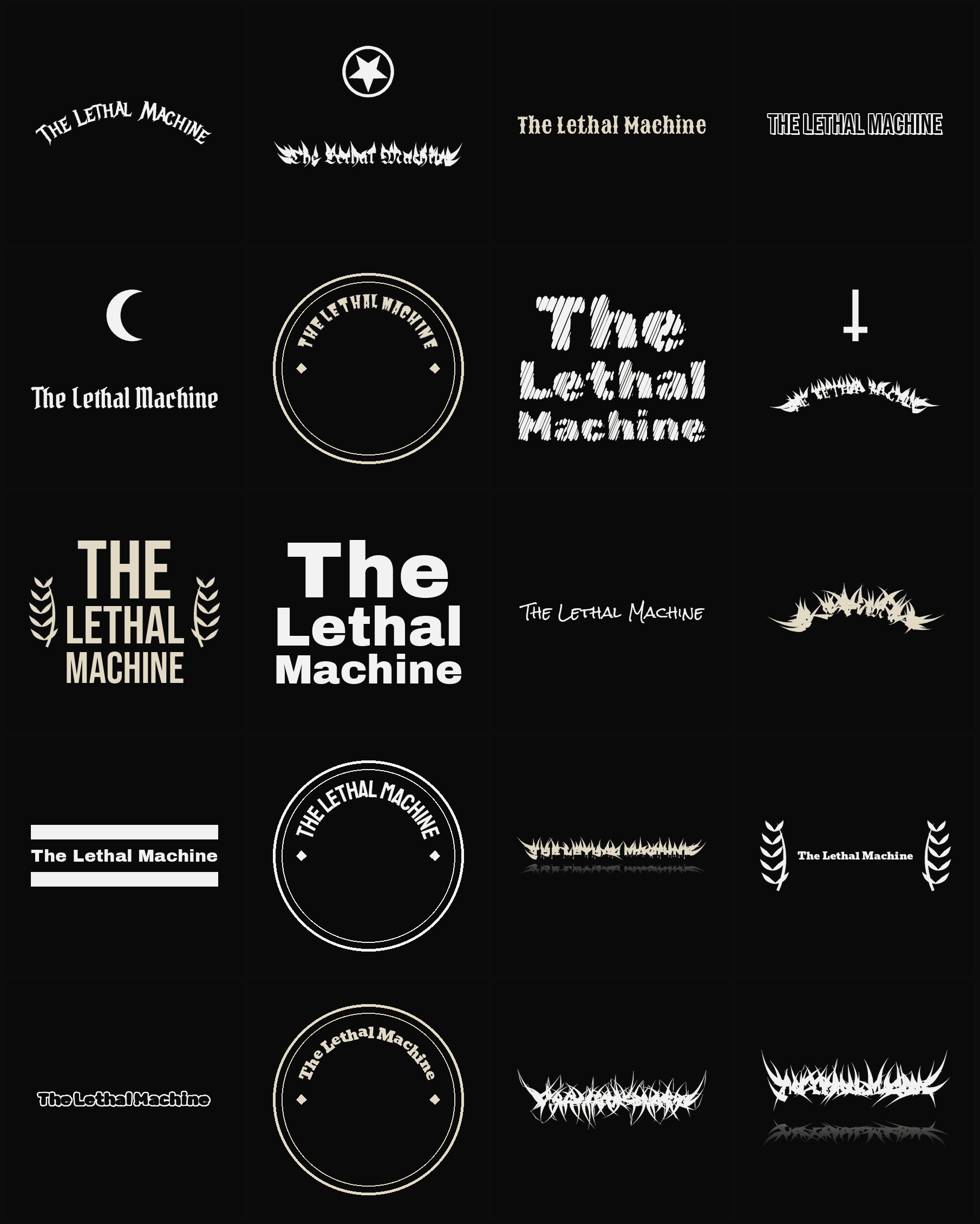Twenty The Lethal Machine band logo ideas — different faces, treatments and spike settings