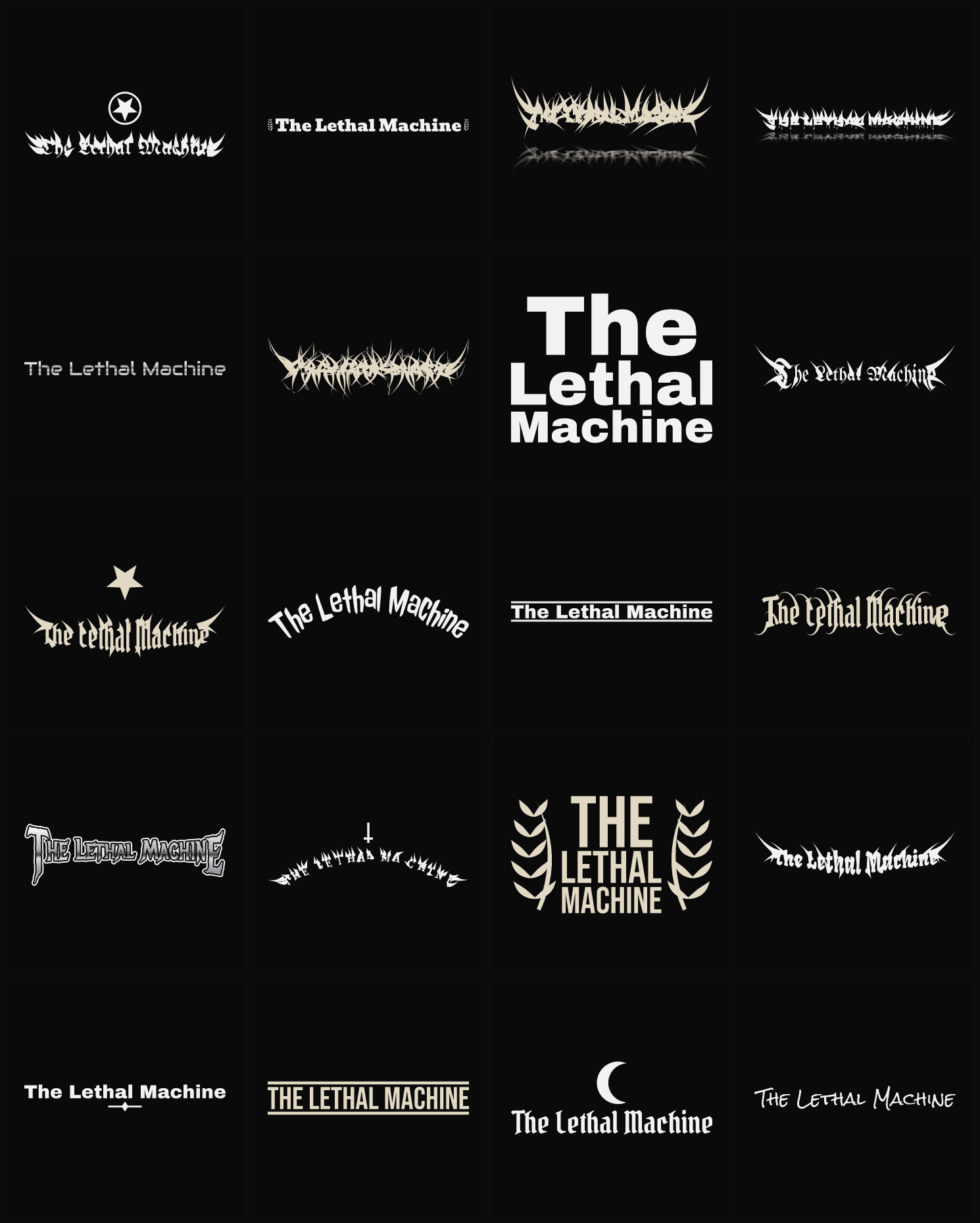 Twenty The Lethal Machine band logo ideas — different faces, treatments and spike settings