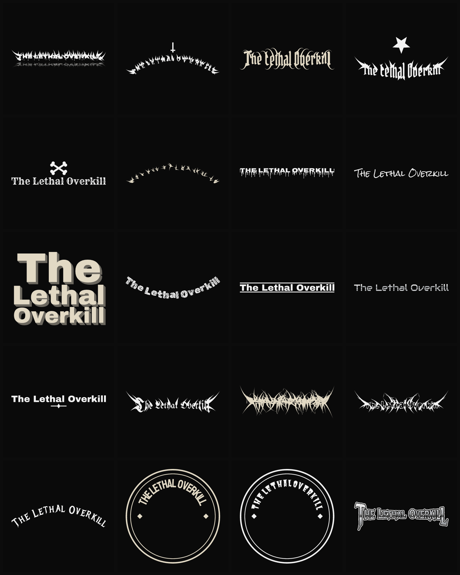 Twenty The Lethal Overkill band logo ideas — different faces, treatments and spike settings