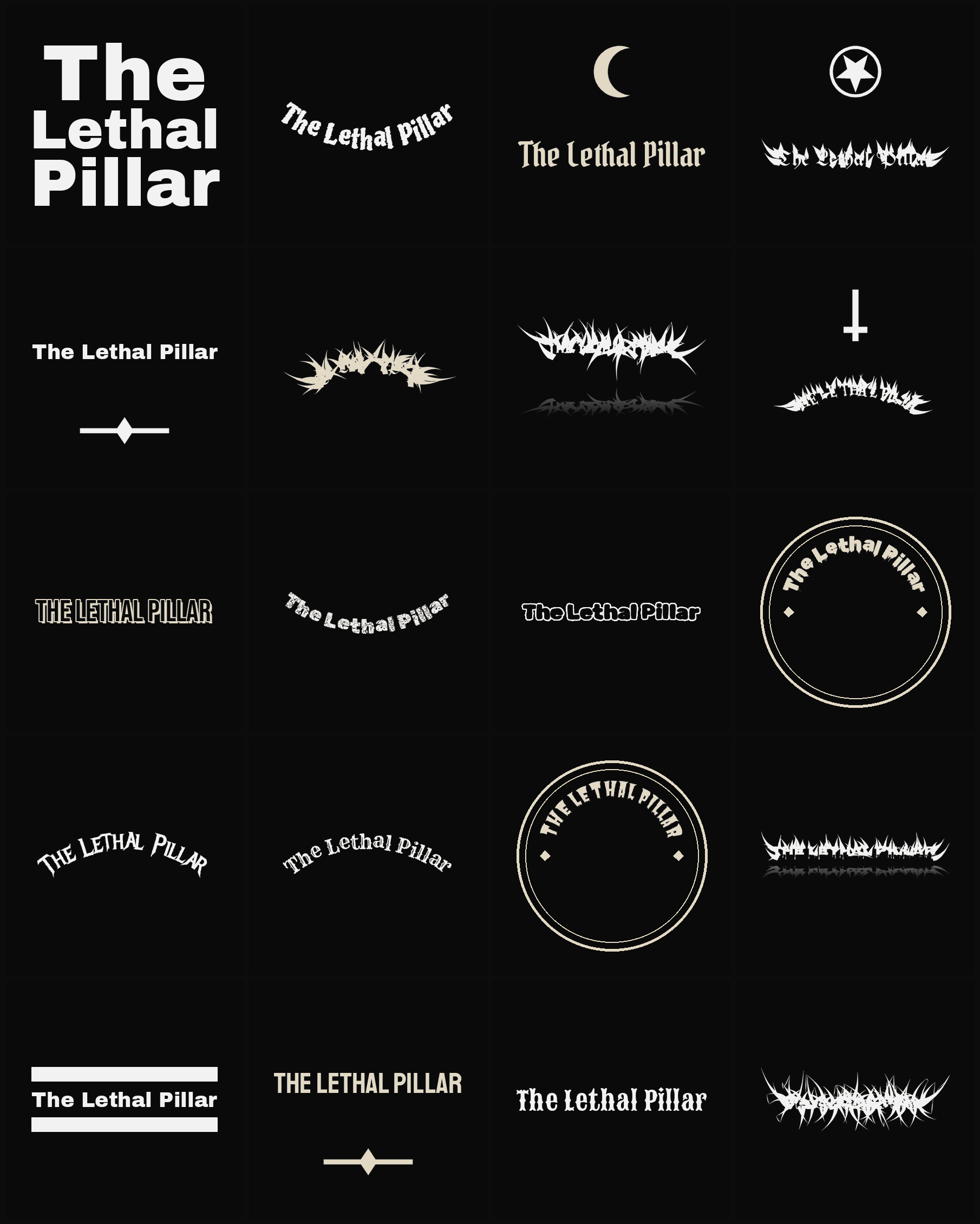 Twenty The Lethal Pillar band logo ideas — different faces, treatments and spike settings