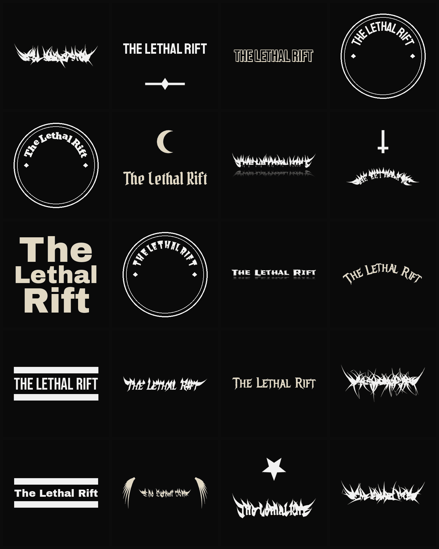 Twenty The Lethal Rift band logo ideas — different faces, treatments and spike settings