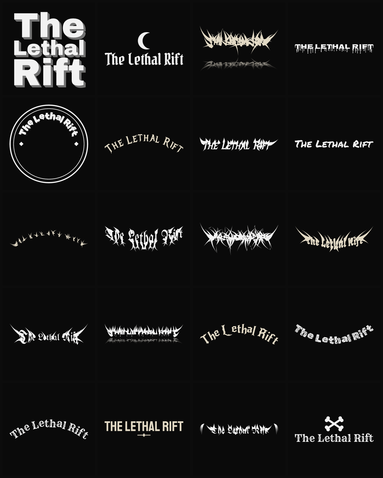Twenty The Lethal Rift band logo ideas — different faces, treatments and spike settings