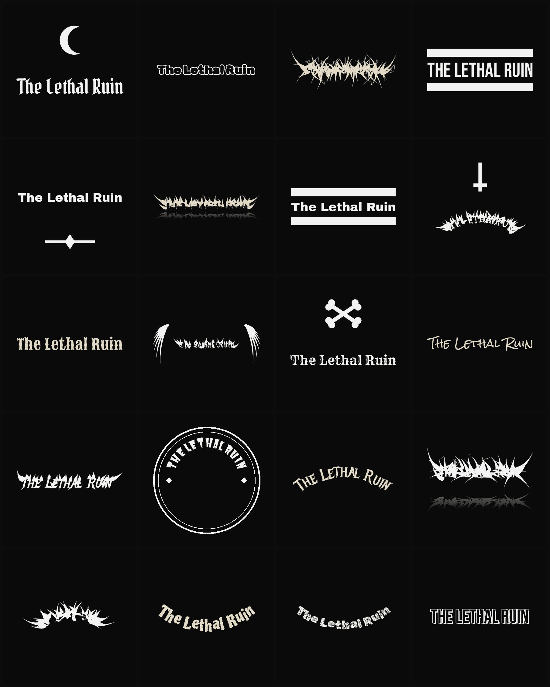 Twenty The Lethal Ruin band logo ideas — different faces, treatments and spike settings