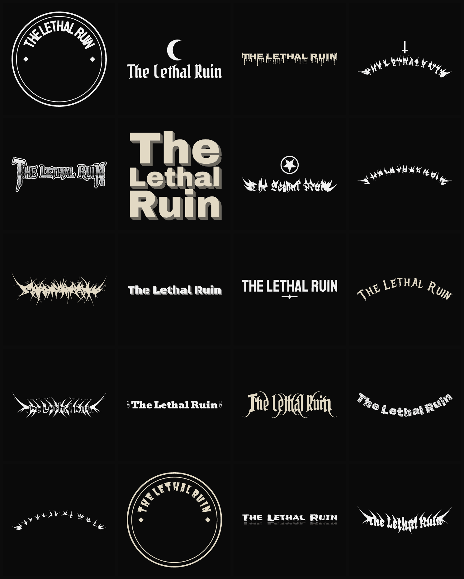 Twenty The Lethal Ruin band logo ideas — different faces, treatments and spike settings