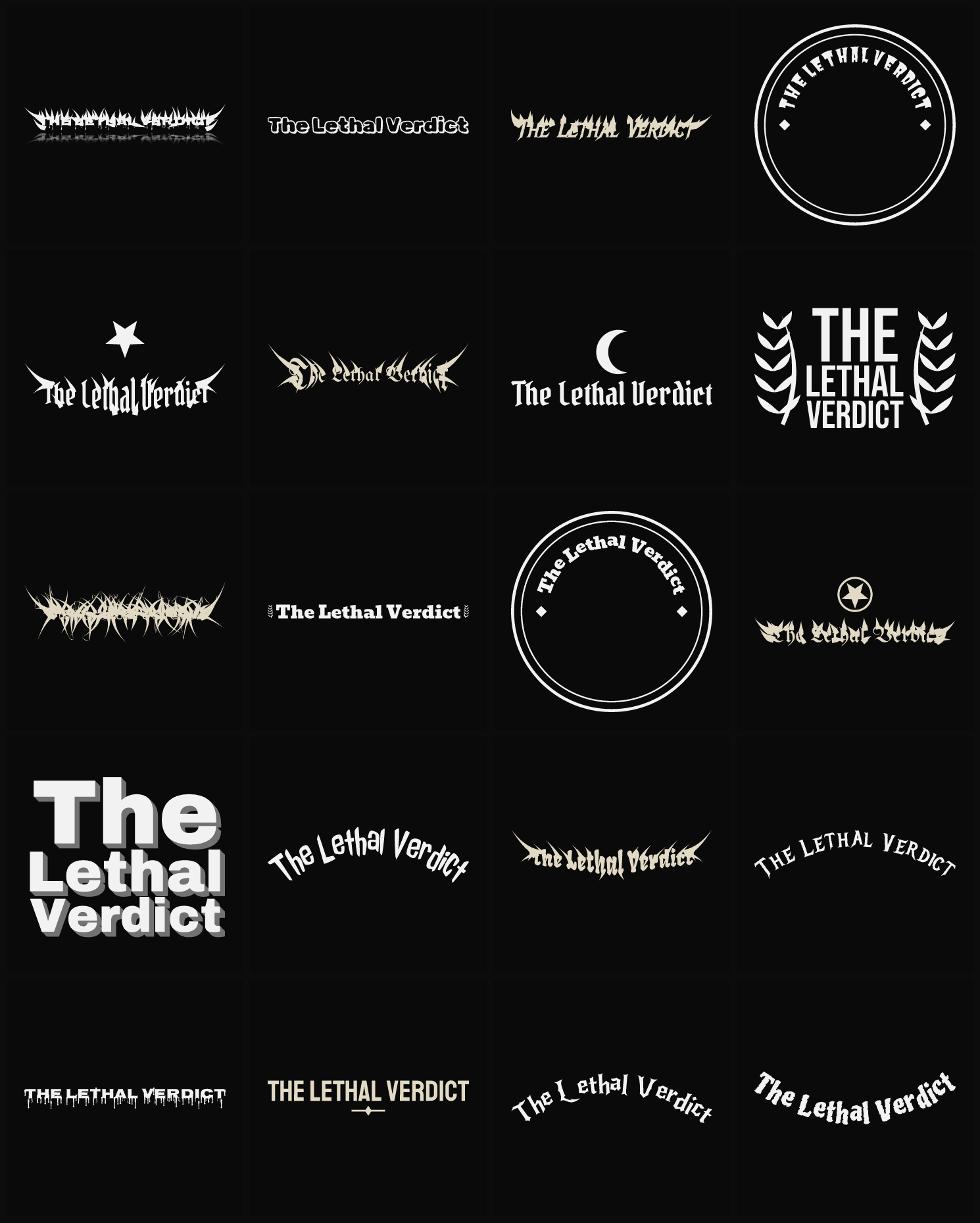 Twenty The Lethal Verdict band logo ideas — different faces, treatments and spike settings